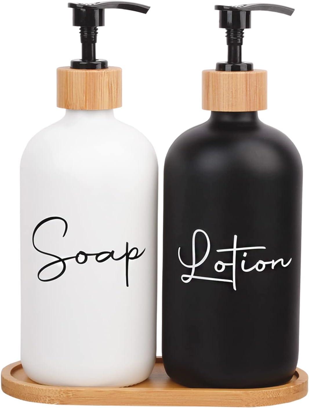 image17 oz Hand Soap Dispenser Glass Liquid Dish Soap Bottles Refillable Empty Lotion Pump Bottles for Bathroom Decor Kitchen Sink Matte Design Black White Pack of 2Black White