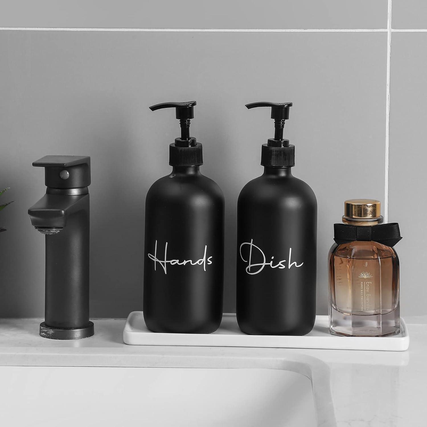 image17 oz Hand Soap Dispenser Glass Liquid Dish Soap Bottles Refillable Empty Lotion Pump Bottles for Bathroom Decor Kitchen Sink Matte Design Black White Pack of 2Black