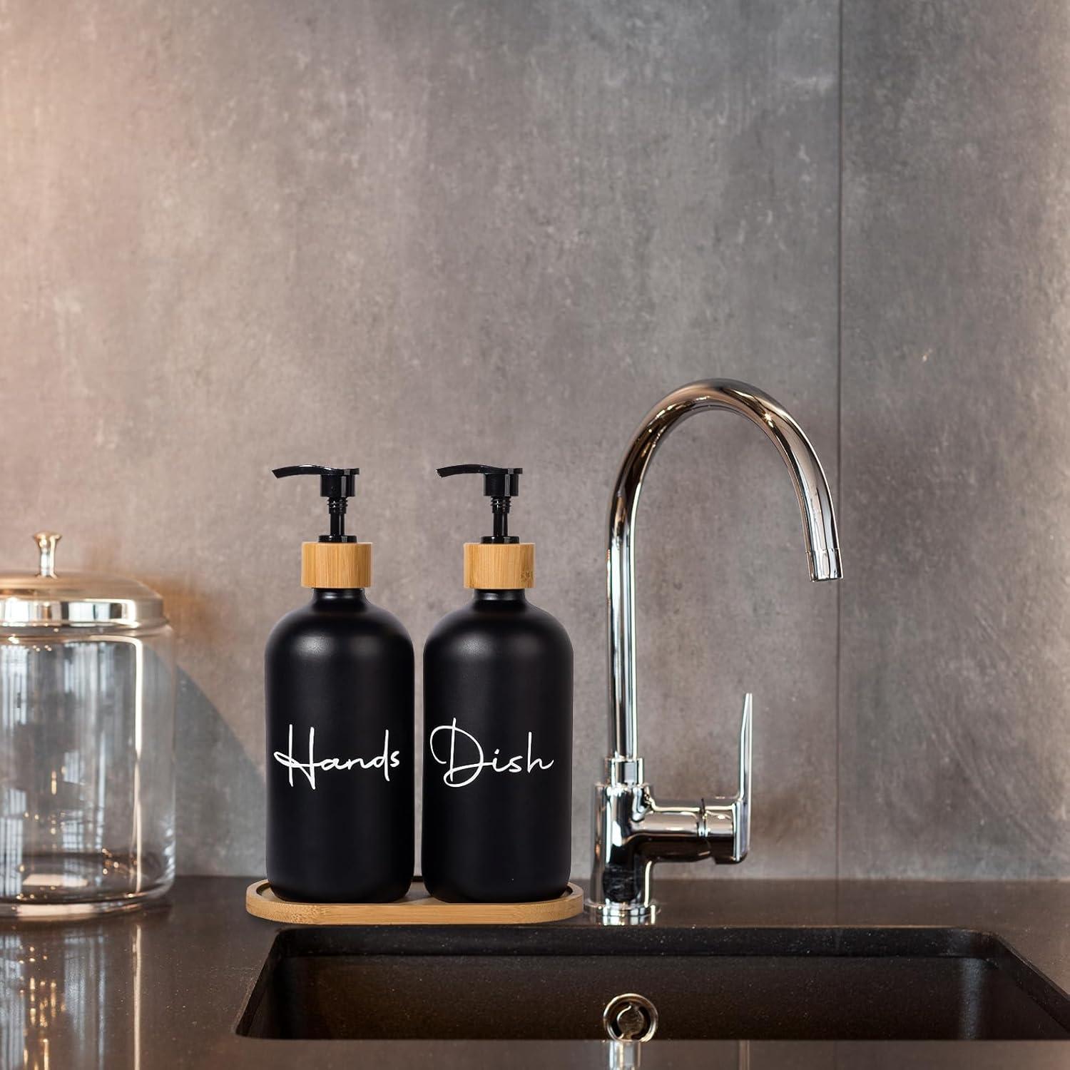 image17 oz Hand Soap Dispenser Glass Liquid Dish Soap Bottles Refillable Empty Lotion Pump Bottles for Bathroom Decor Kitchen Sink Matte Design Black White Pack of 2Black