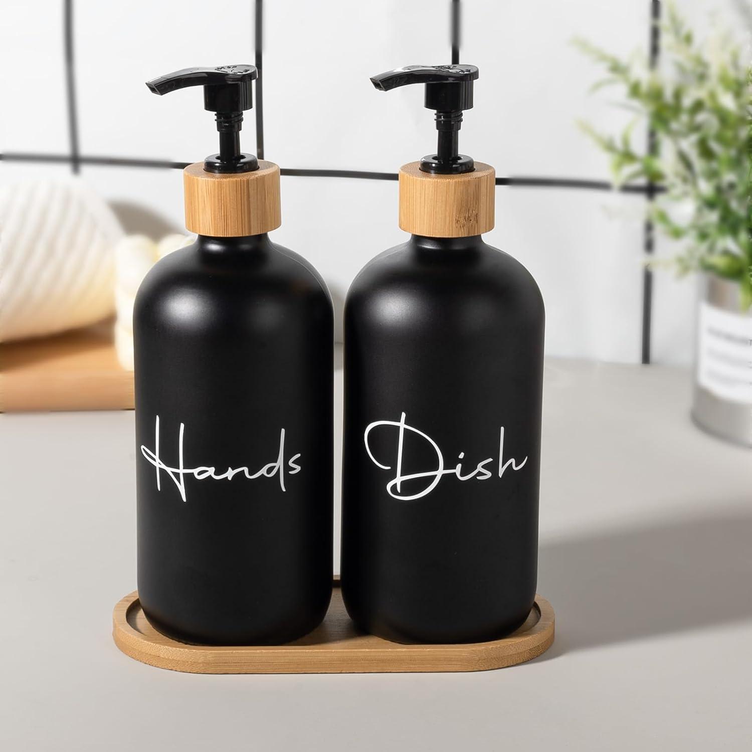 image17 oz Hand Soap Dispenser Glass Liquid Dish Soap Bottles Refillable Empty Lotion Pump Bottles for Bathroom Decor Kitchen Sink Matte Design Black White Pack of 2Black