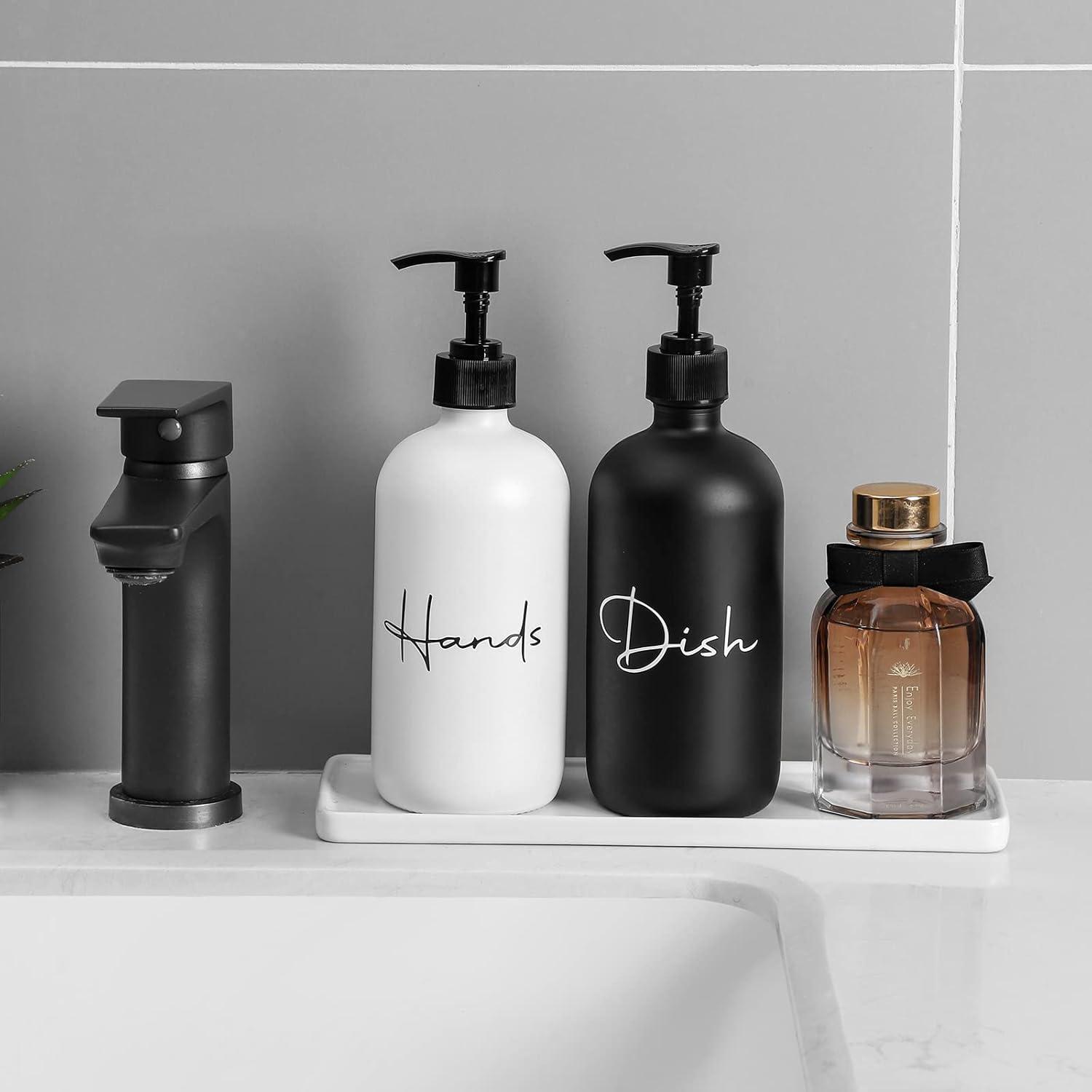 image17 oz Hand Soap Dispenser Glass Liquid Dish Soap Bottles Refillable Empty Lotion Pump Bottles for Bathroom Decor Kitchen Sink Matte Design Black White Pack of 2Black White