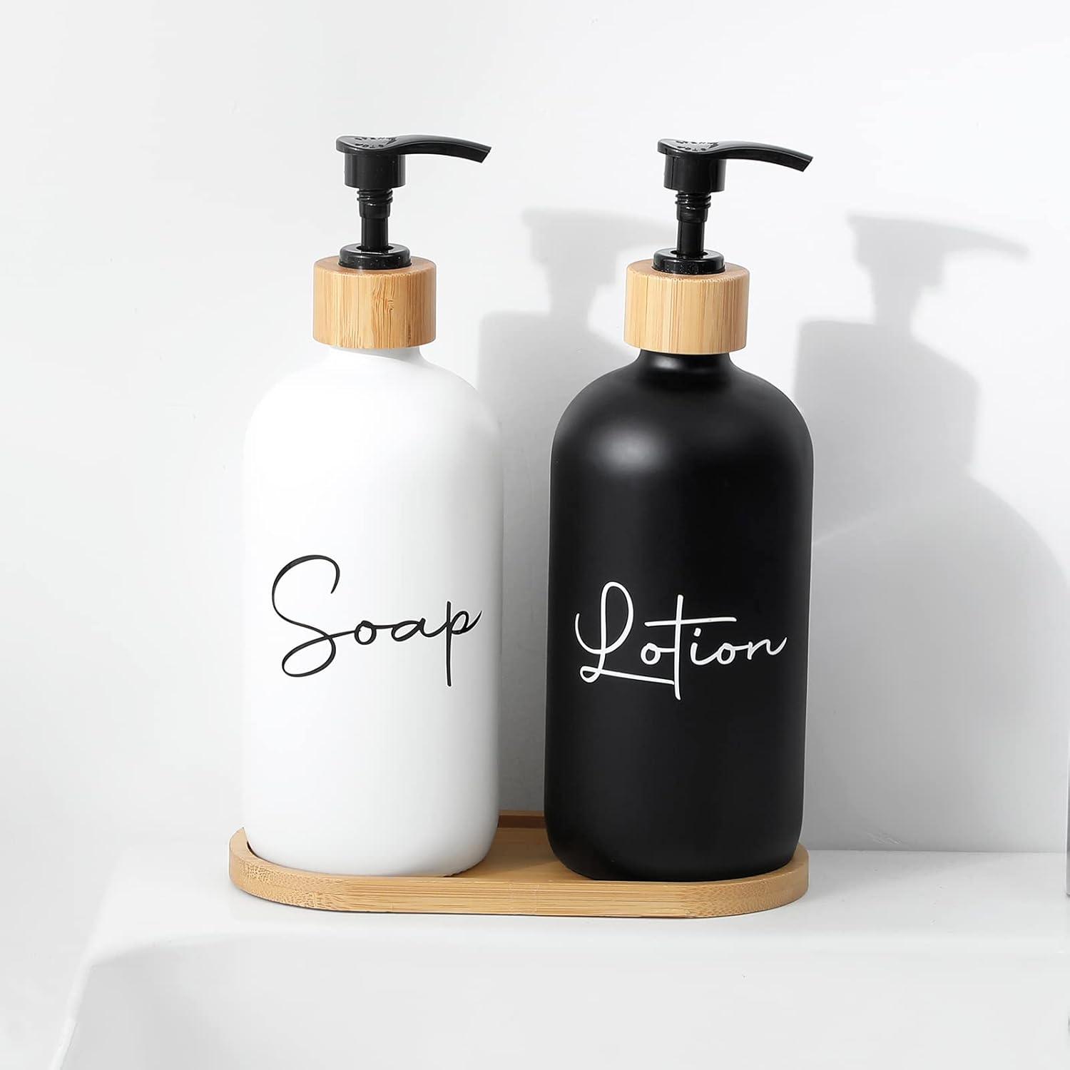 image17 oz Hand Soap Dispenser Glass Liquid Dish Soap Bottles Refillable Empty Lotion Pump Bottles for Bathroom Decor Kitchen Sink Matte Design Black White Pack of 2Black White