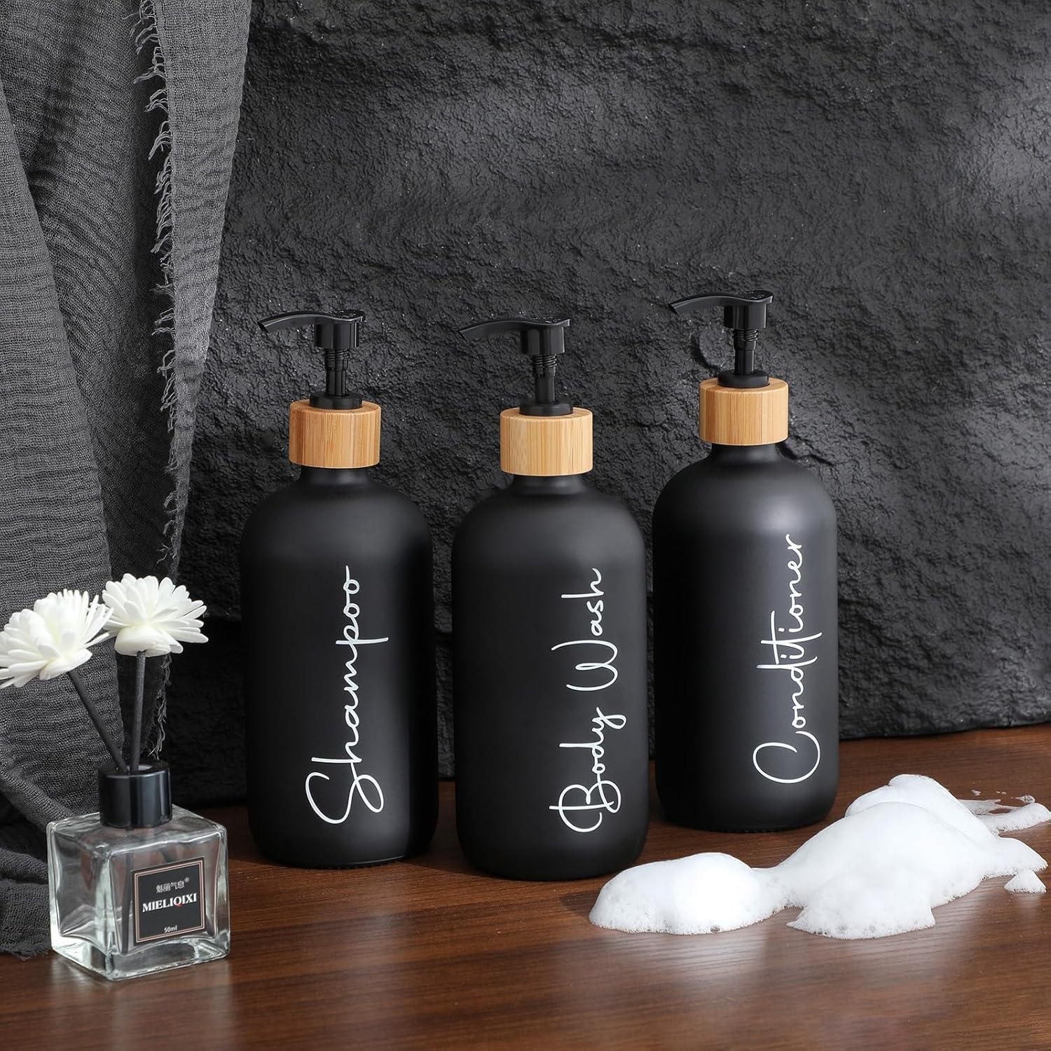 image17 oz Hand Soap Dispenser Glass Liquid Dish Soap Bottles Refillable Empty Lotion Pump Bottles for Bathroom Decor Kitchen Sink Matte Design Black White Pack of 2Black