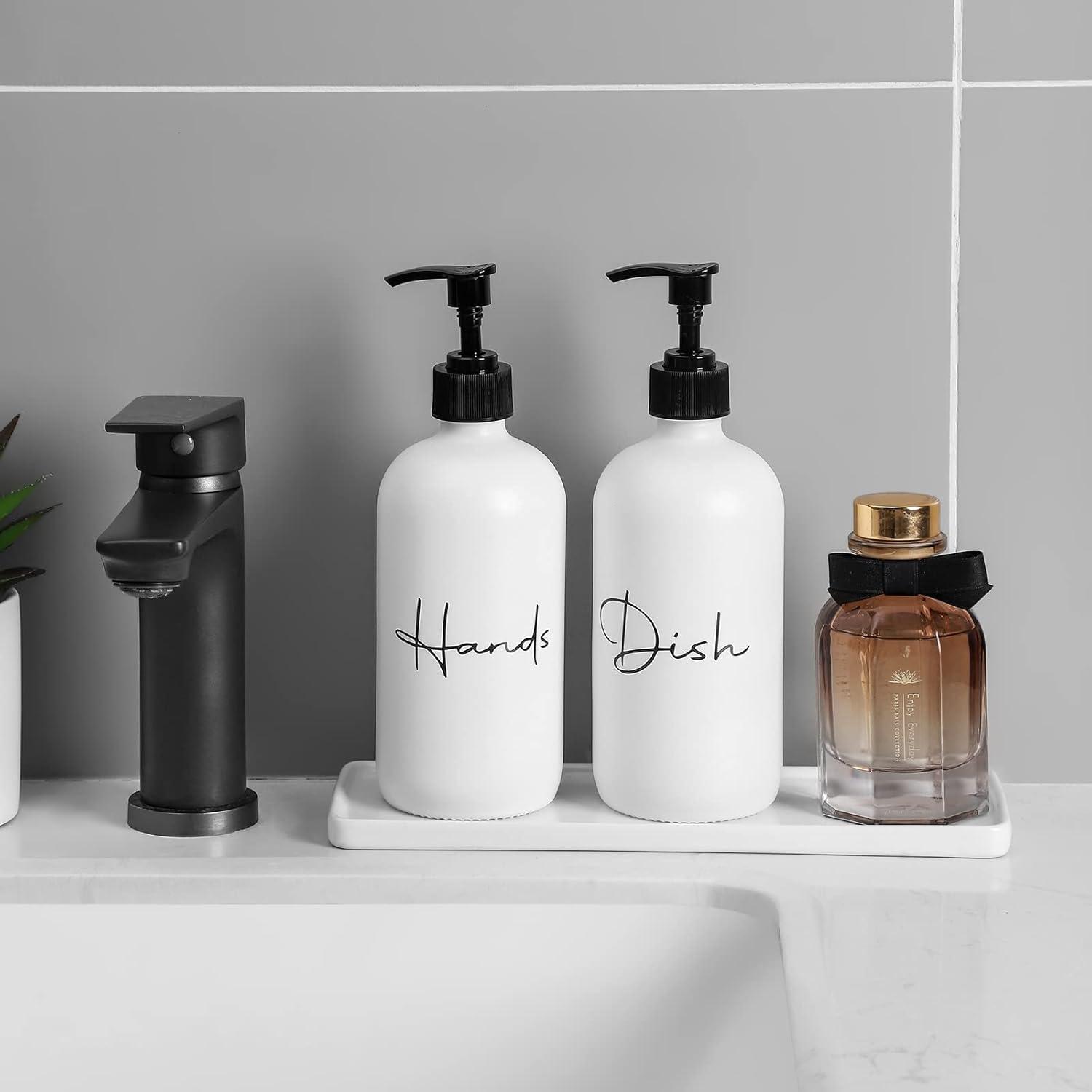 image17 oz Hand Soap Dispenser Glass Liquid Dish Soap Bottles Refillable Empty Lotion Pump Bottles for Bathroom Decor Kitchen Sink Matte Design Black White Pack of 2White