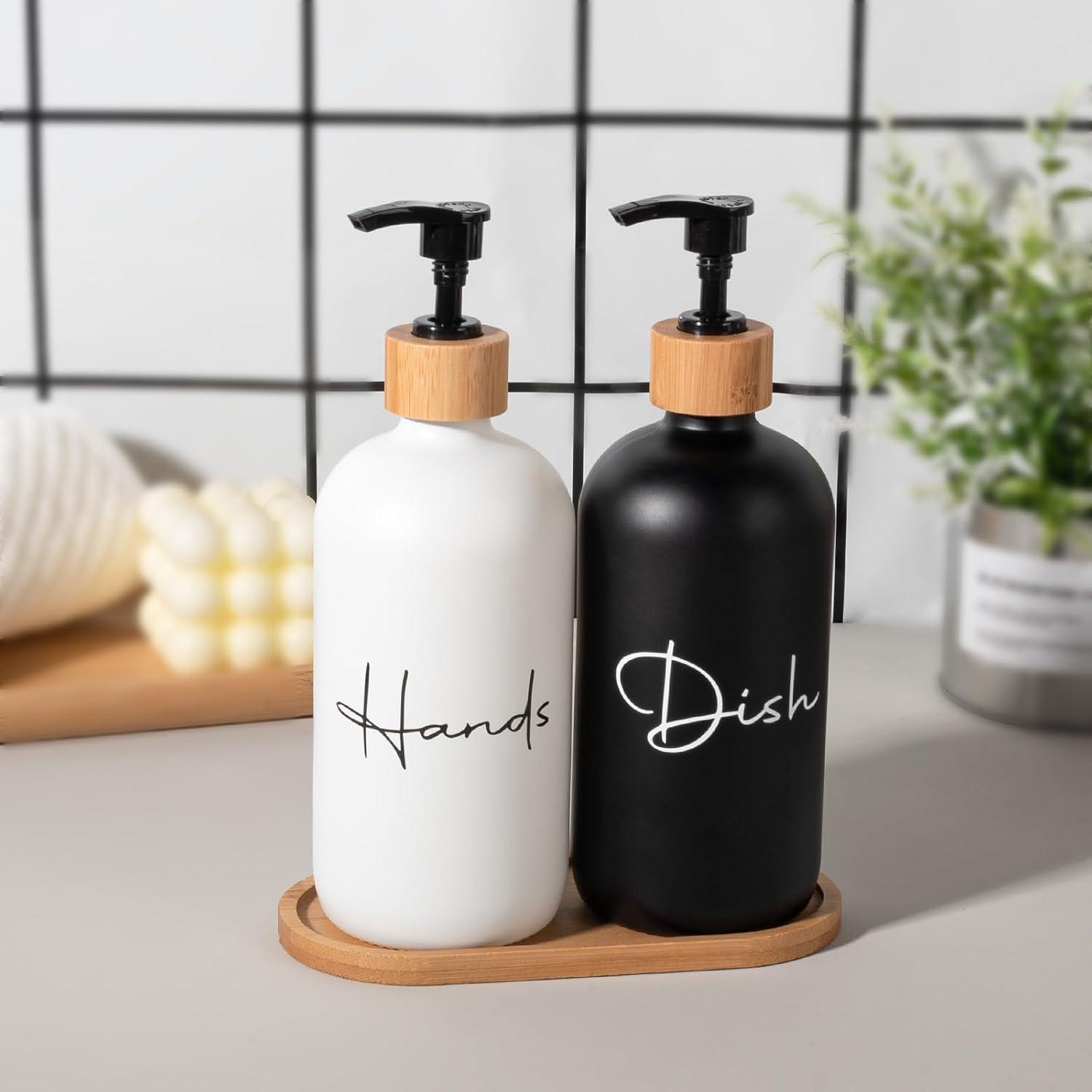 image17 oz Hand Soap Dispenser Glass Liquid Dish Soap Bottles Refillable Empty Lotion Pump Bottles for Bathroom Decor Kitchen Sink Matte Design Black White Pack of 2Black White