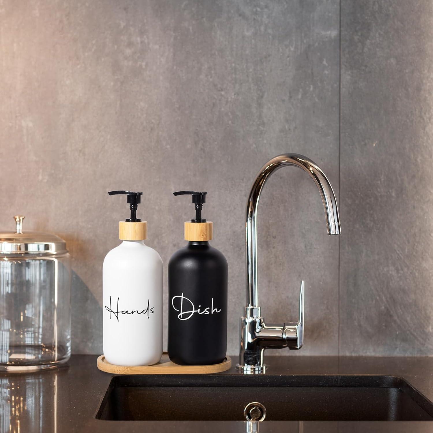 image17 oz Hand Soap Dispenser Glass Liquid Dish Soap Bottles Refillable Empty Lotion Pump Bottles for Bathroom Decor Kitchen Sink Matte Design Black White Pack of 2Black White