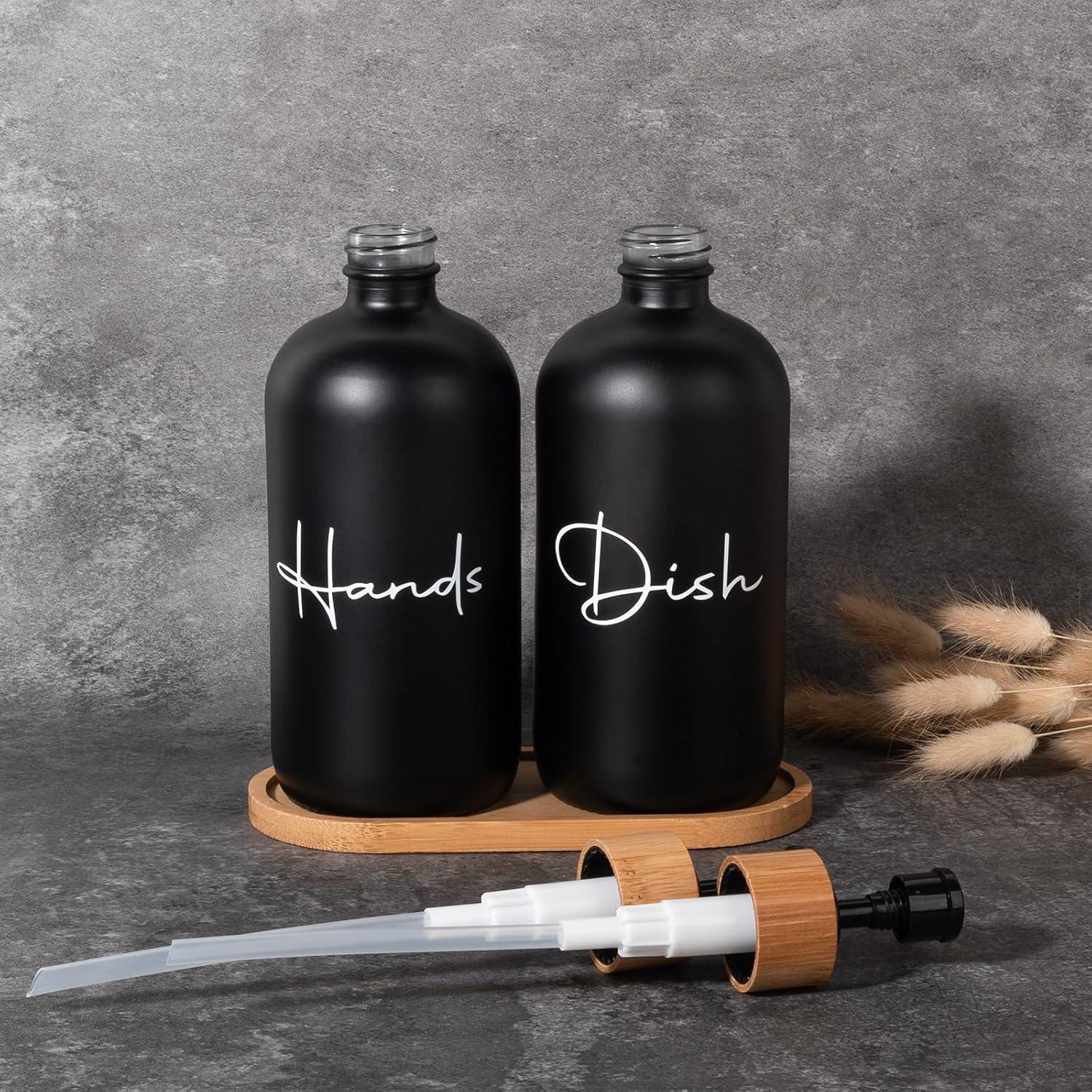 image17 oz Hand Soap Dispenser Glass Liquid Dish Soap Bottles Refillable Empty Lotion Pump Bottles for Bathroom Decor Kitchen Sink Matte Design Black White Pack of 2Black