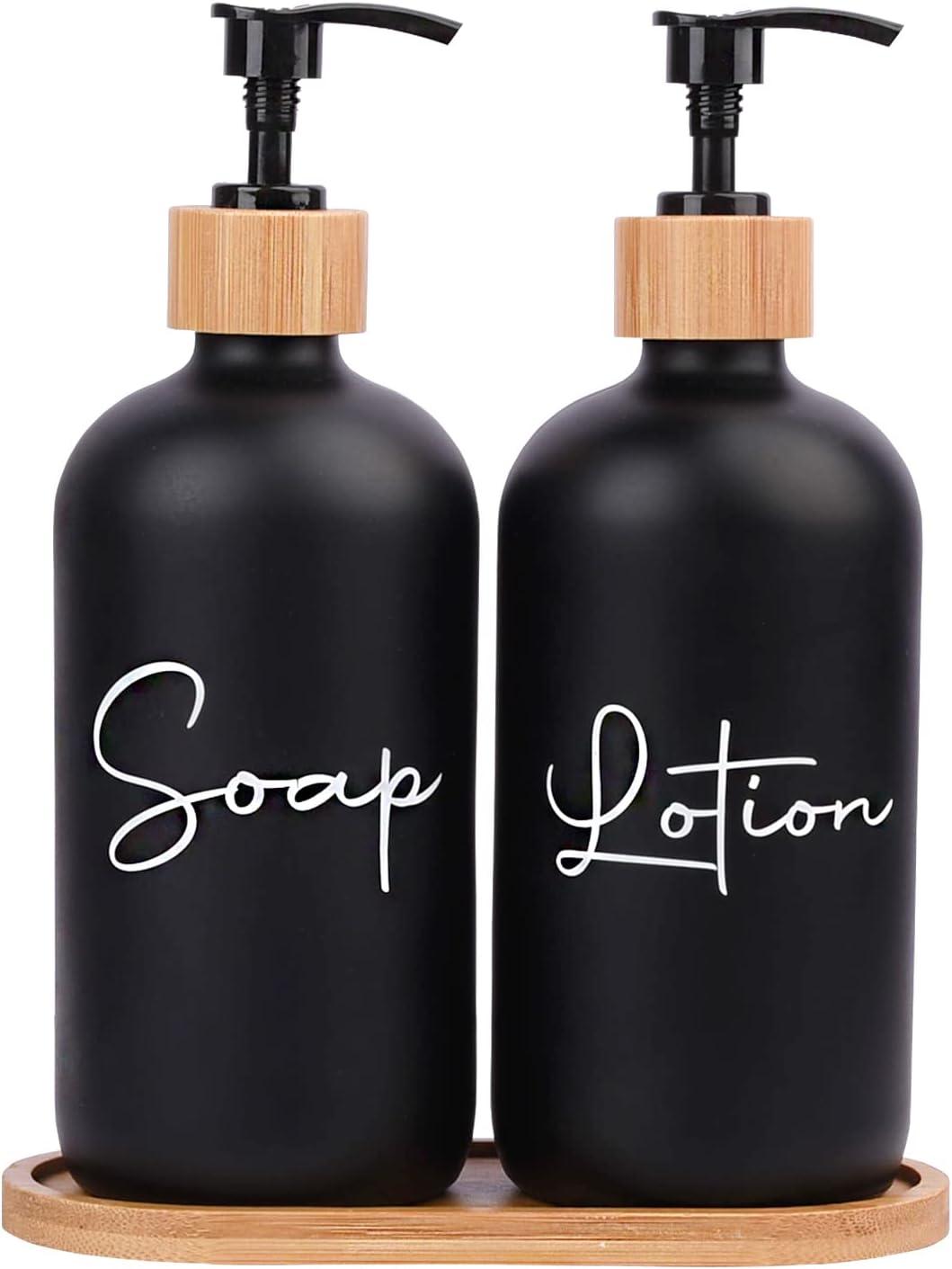 image17 oz Hand Soap Dispenser Glass Liquid Dish Soap Bottles Refillable Empty Lotion Pump Bottles for Bathroom Decor Kitchen Sink Matte Design Black White Pack of 2Black
