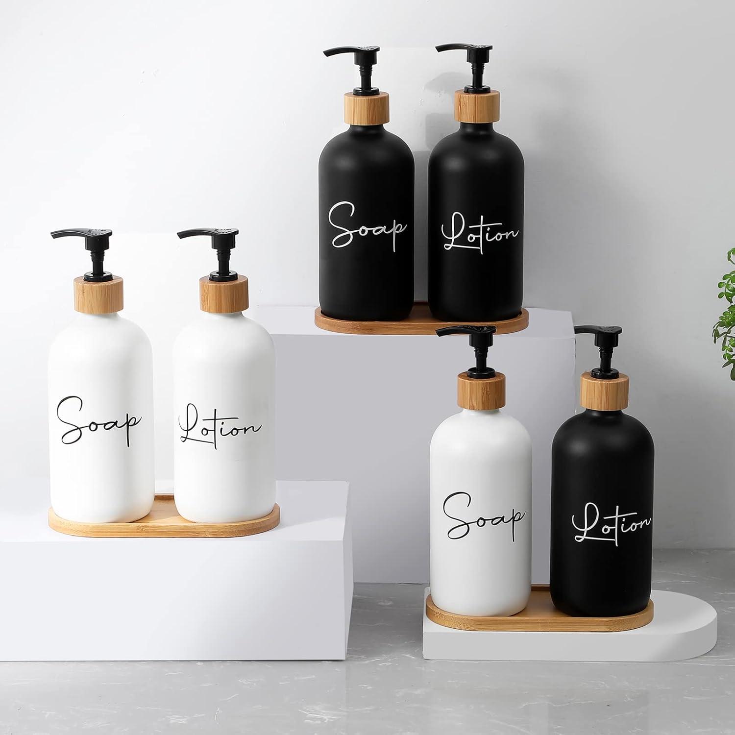 image17 oz Hand Soap Dispenser Glass Liquid Dish Soap Bottles Refillable Empty Lotion Pump Bottles for Bathroom Decor Kitchen Sink Matte Design Black White Pack of 2Black White