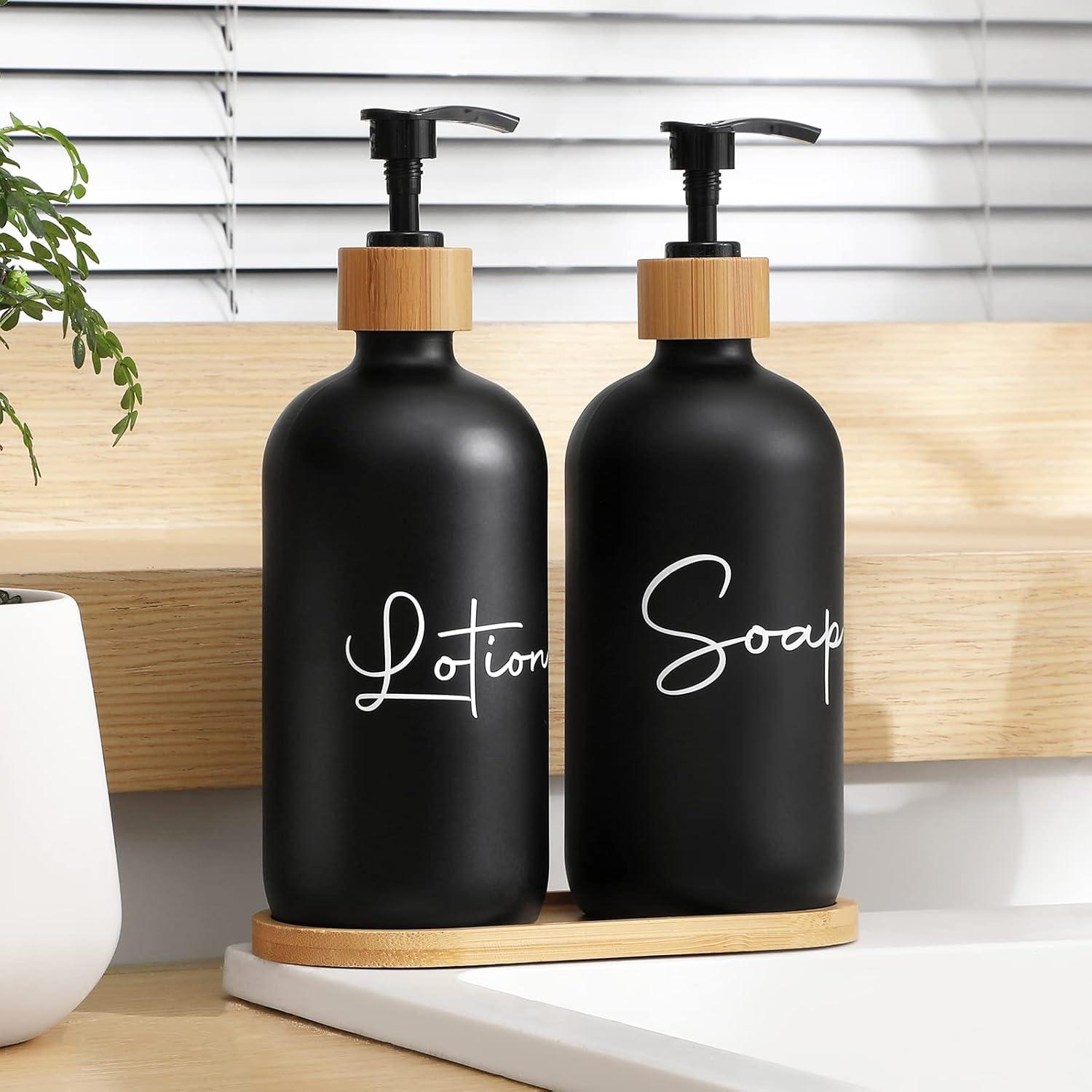 image17 oz Hand Soap Dispenser Glass Liquid Dish Soap Bottles Refillable Empty Lotion Pump Bottles for Bathroom Decor Kitchen Sink Matte Design Black White Pack of 2Black