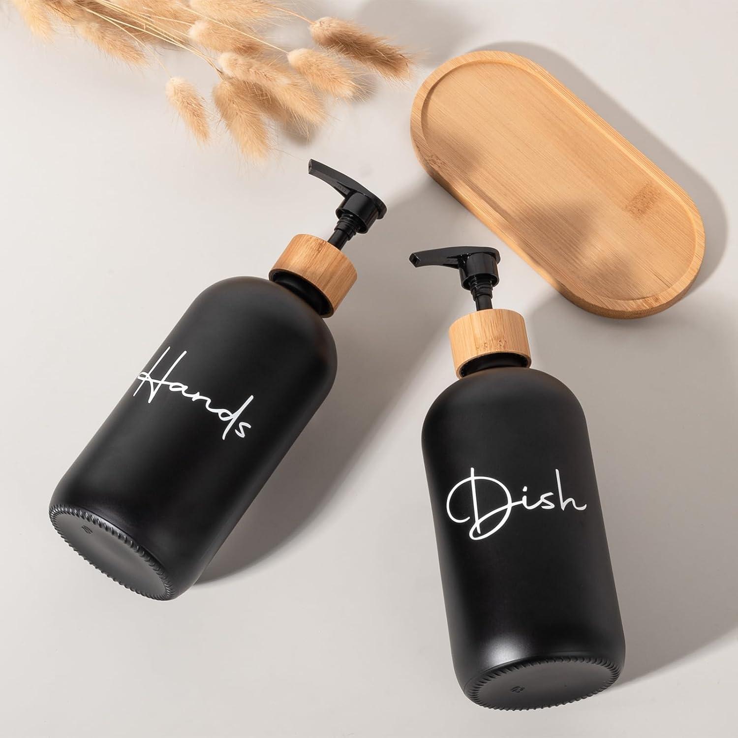 image17 oz Hand Soap Dispenser Glass Liquid Dish Soap Bottles Refillable Empty Lotion Pump Bottles for Bathroom Decor Kitchen Sink Matte Design Black White Pack of 2Black