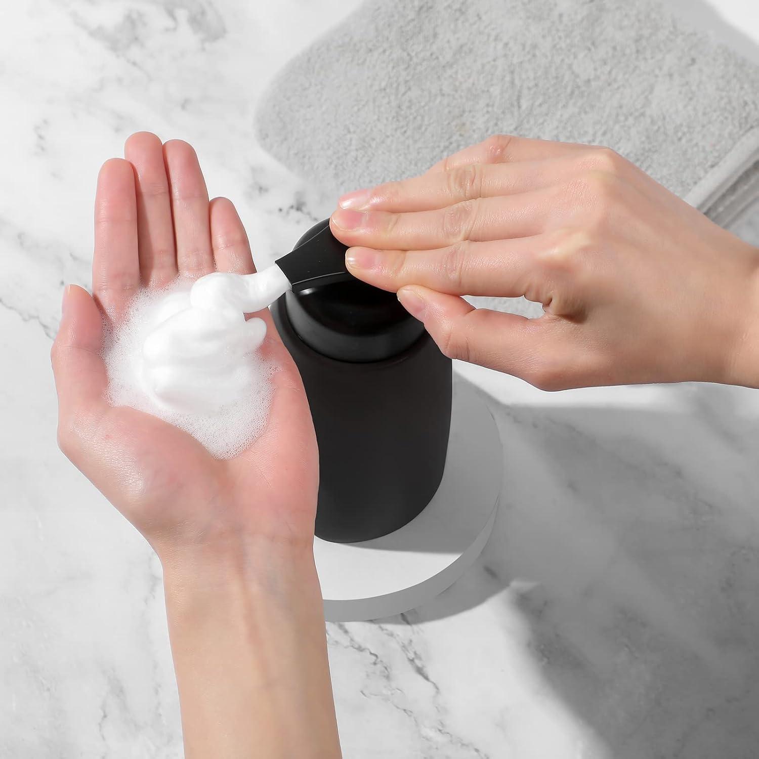 imageFoaming Hand Soap Dispenser Ceramic Jar Foam Dish Soap Dispenser for Bathroom and Kitchen Sink Liquid Pump Bottle for Shampoo Body Wash Hand Soap BlackBlack