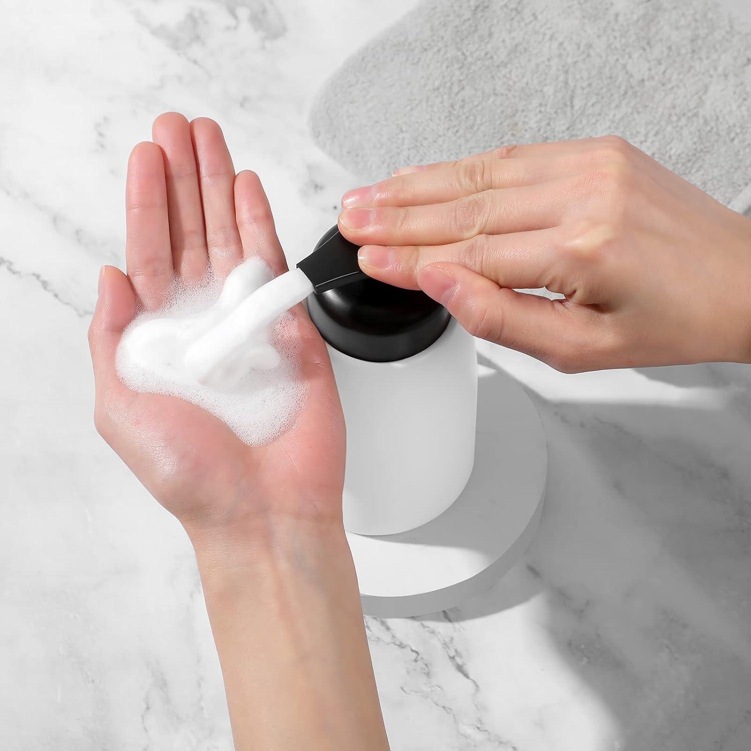 imageFoaming Hand Soap Dispenser Ceramic Jar Foam Dish Soap Dispenser for Bathroom and Kitchen Sink Liquid Pump Bottle for Shampoo Body Wash Hand Soap BlackWhite