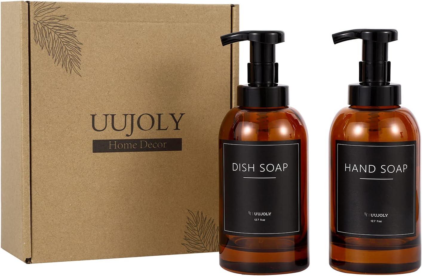 imageFoaming Hand Soap Dispenser Glass Jar Foam Dish Soap Dispenser for Bathroom and Kitchen Sink Liquid Pump Bottle for Shampoo Body Wash Amber 2 PackAmber