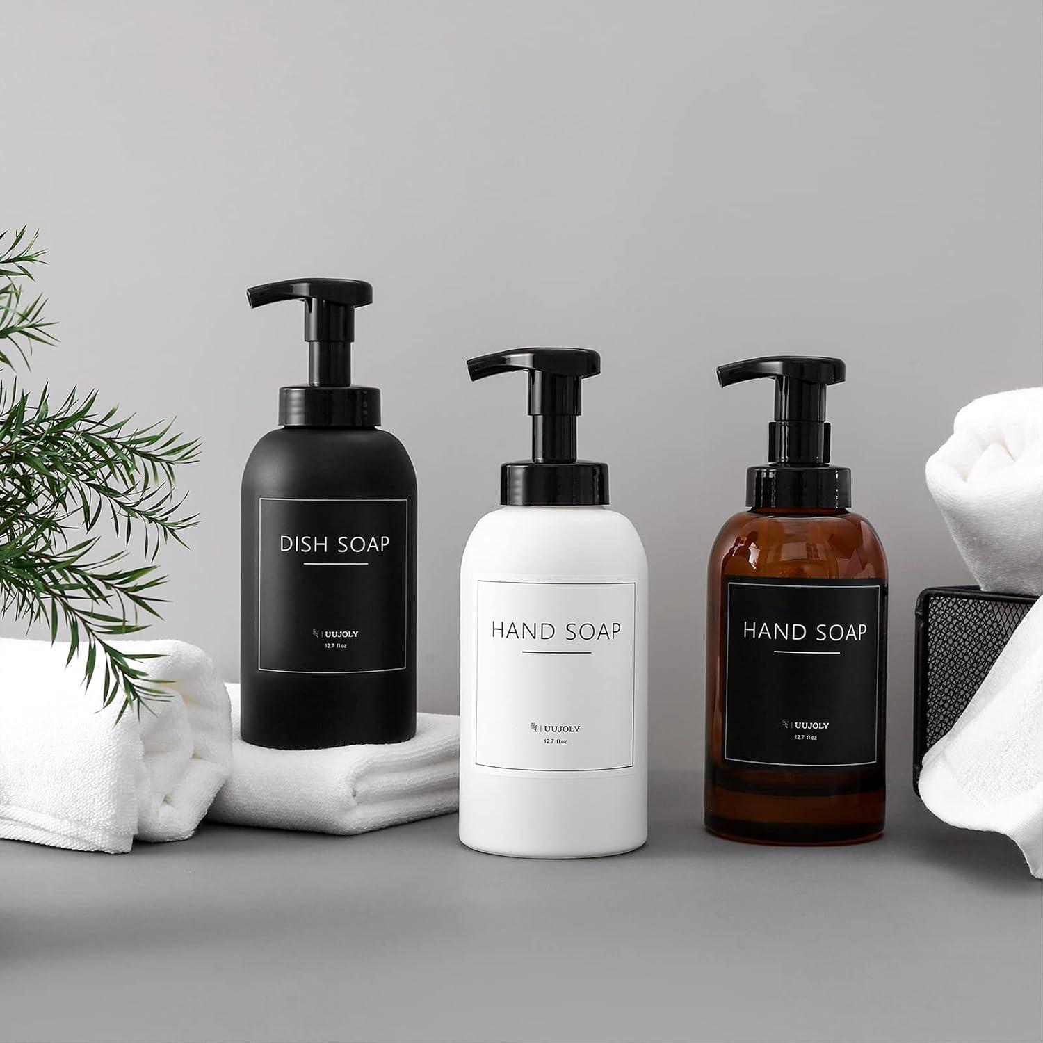 imageFoaming Hand Soap Dispenser Glass Jar Foam Dish Soap Dispenser for Bathroom and Kitchen Sink Liquid Pump Bottle for Shampoo Body Wash Amber 2 PackAmber