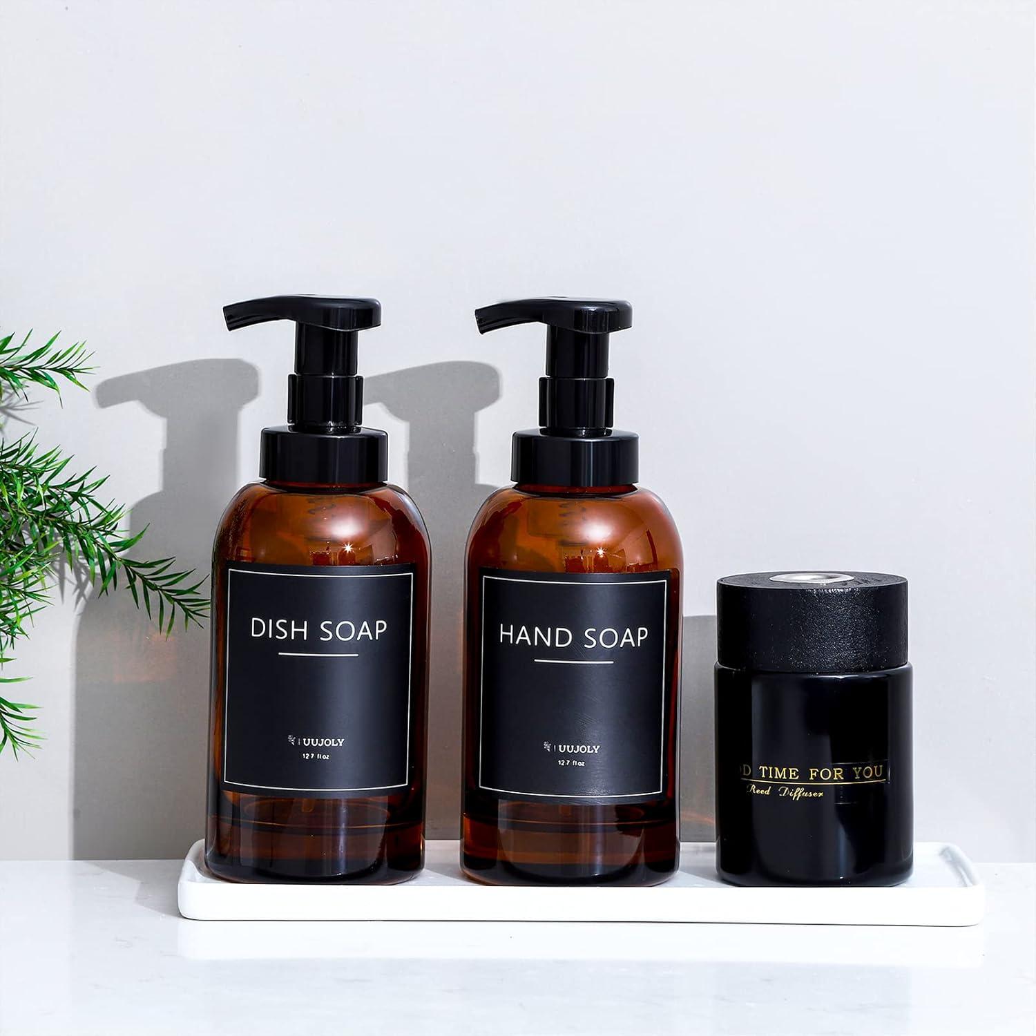 imageFoaming Hand Soap Dispenser Glass Jar Foam Dish Soap Dispenser for Bathroom and Kitchen Sink Liquid Pump Bottle for Shampoo Body Wash Amber 2 PackAmber