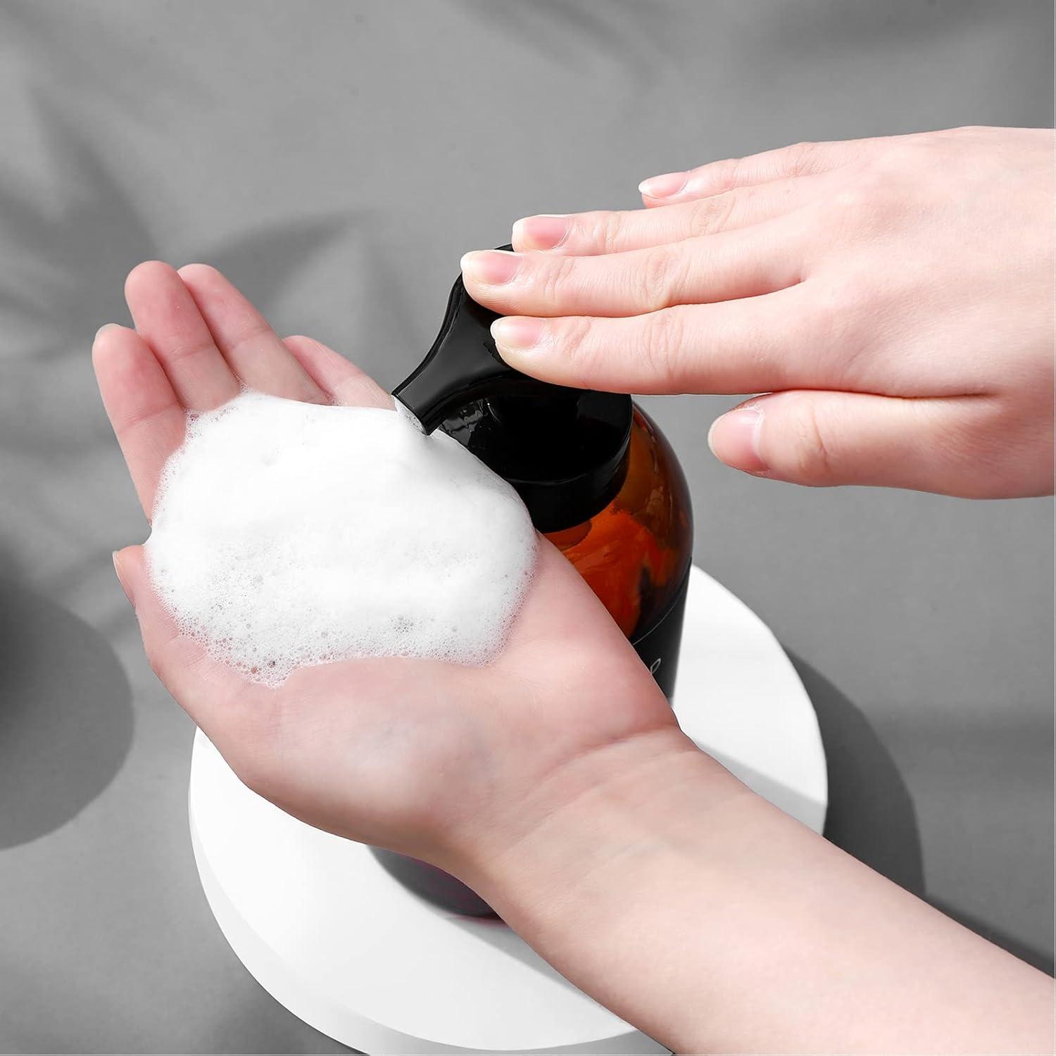 imageFoaming Hand Soap Dispenser Glass Jar Foam Dish Soap Dispenser for Bathroom and Kitchen Sink Liquid Pump Bottle for Shampoo Body Wash Amber 2 PackAmber