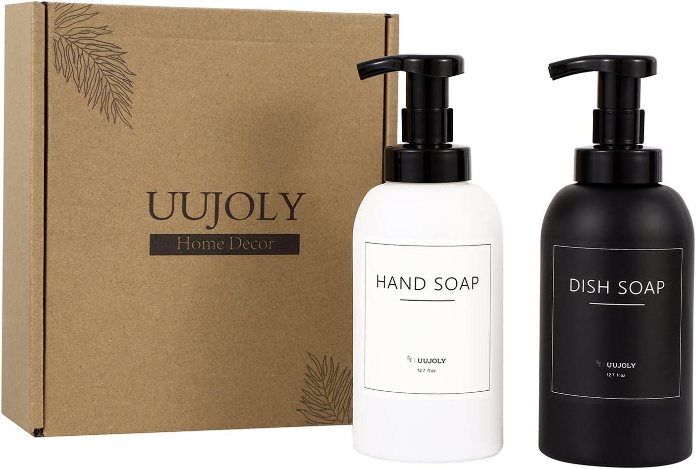 imageFoaming Hand Soap Dispenser Glass Jar Foam Dish Soap Dispenser for Bathroom and Kitchen Sink Liquid Pump Bottle for Shampoo Body Wash Amber 2 PackBlack White