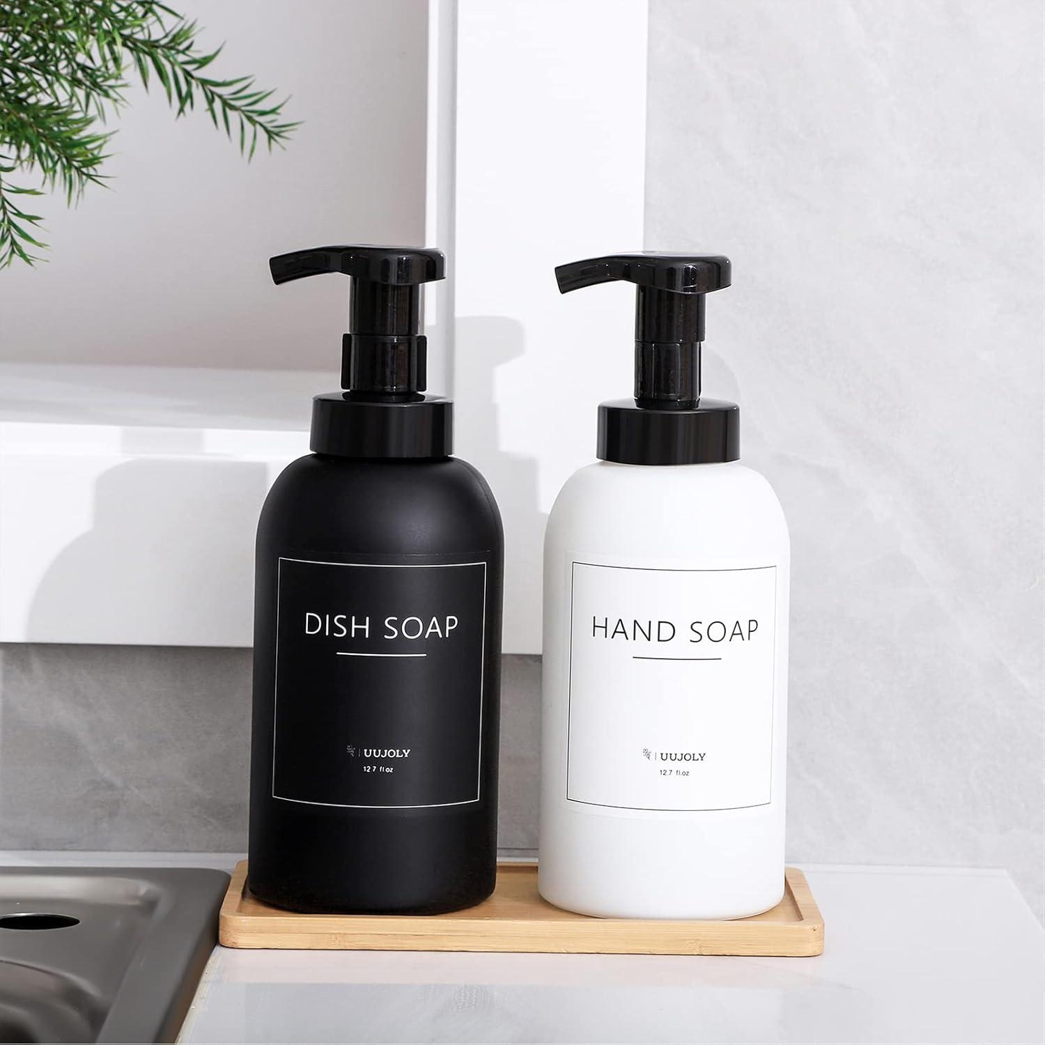 imageFoaming Hand Soap Dispenser Glass Jar Foam Dish Soap Dispenser for Bathroom and Kitchen Sink Liquid Pump Bottle for Shampoo Body Wash Amber 2 PackBlack White