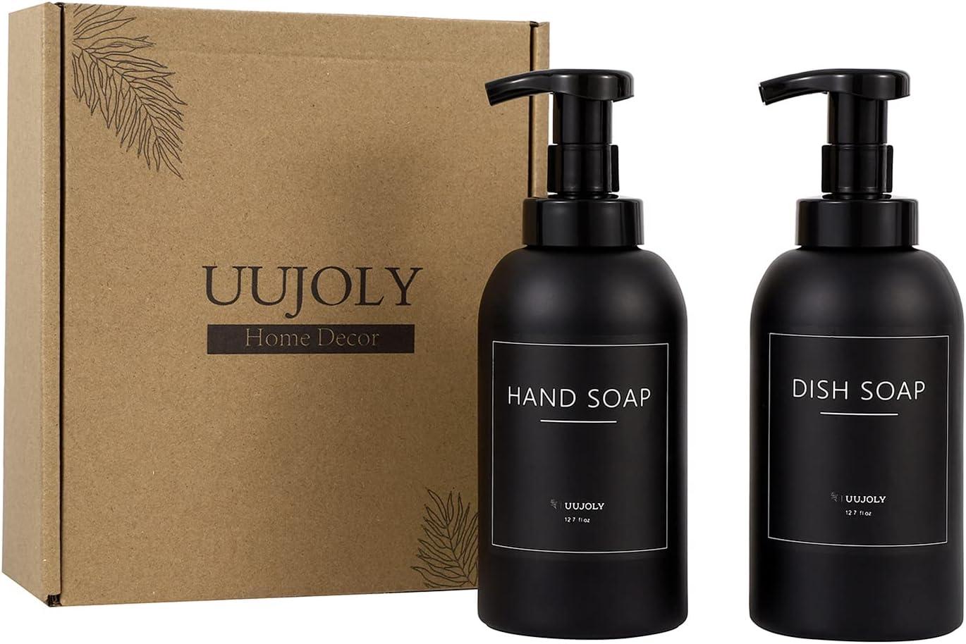 imageFoaming Hand Soap Dispenser Glass Jar Foam Dish Soap Dispenser for Bathroom and Kitchen Sink Liquid Pump Bottle for Shampoo Body Wash Amber 2 PackBlack