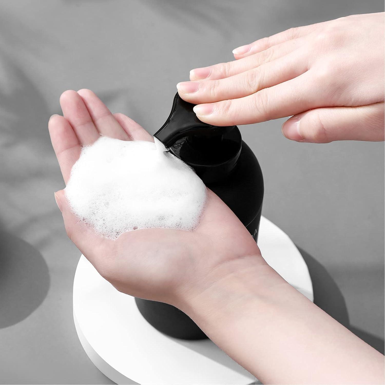 imageFoaming Hand Soap Dispenser Glass Jar Foam Dish Soap Dispenser for Bathroom and Kitchen Sink Liquid Pump Bottle for Shampoo Body Wash Amber 2 PackBlack