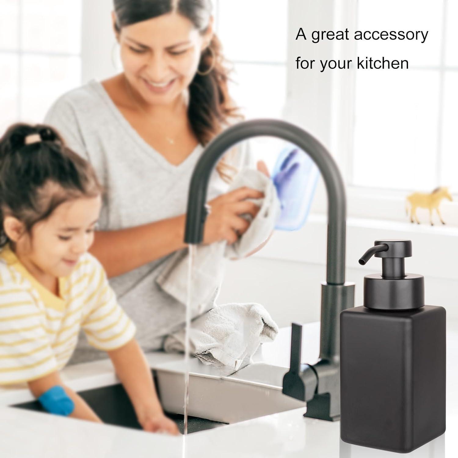 imageFoaming Soap Dispenser with Stainless Steel Pump 12oz Refillable Glass Liquid Dish Soap Bottles for Bathroom Kitchen Sink Home DecorAblack