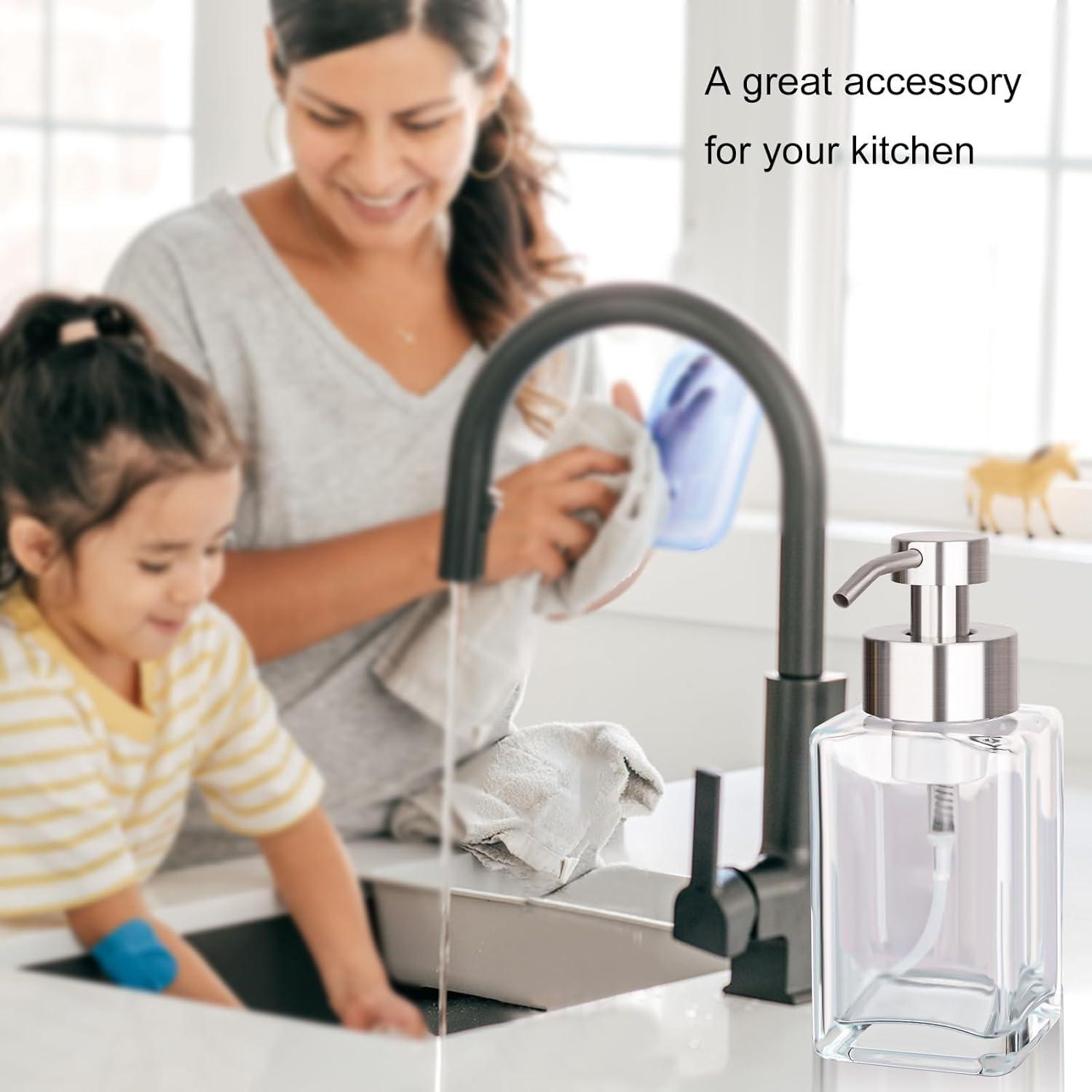 imageFoaming Soap Dispenser with Stainless Steel Pump 12oz Refillable Glass Liquid Dish Soap Bottles for Bathroom Kitchen Sink Home DecorAclear