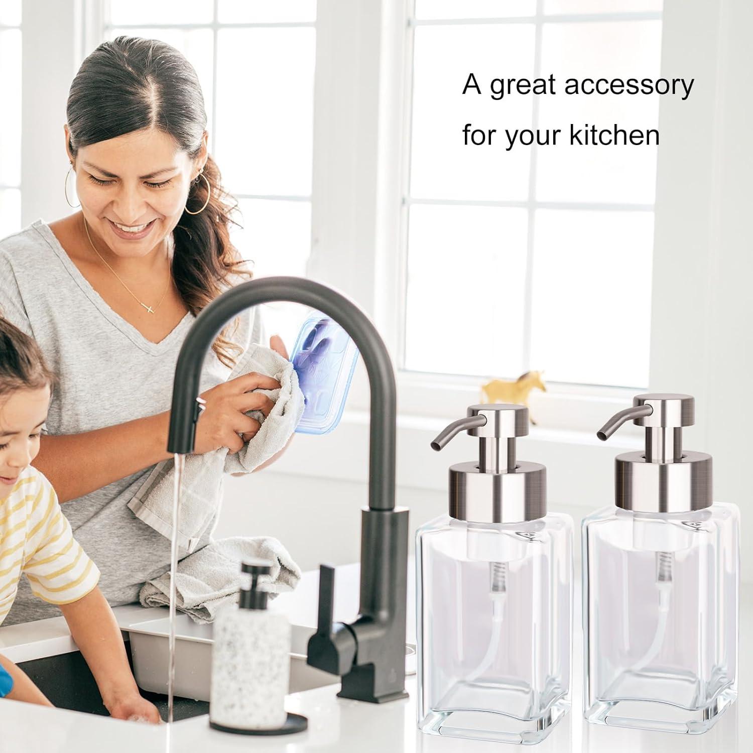 imageFoaming Soap Dispenser with Stainless Steel Pump 12oz Refillable Glass Liquid Dish Soap Bottles for Bathroom Kitchen Sink Home DecorAclear