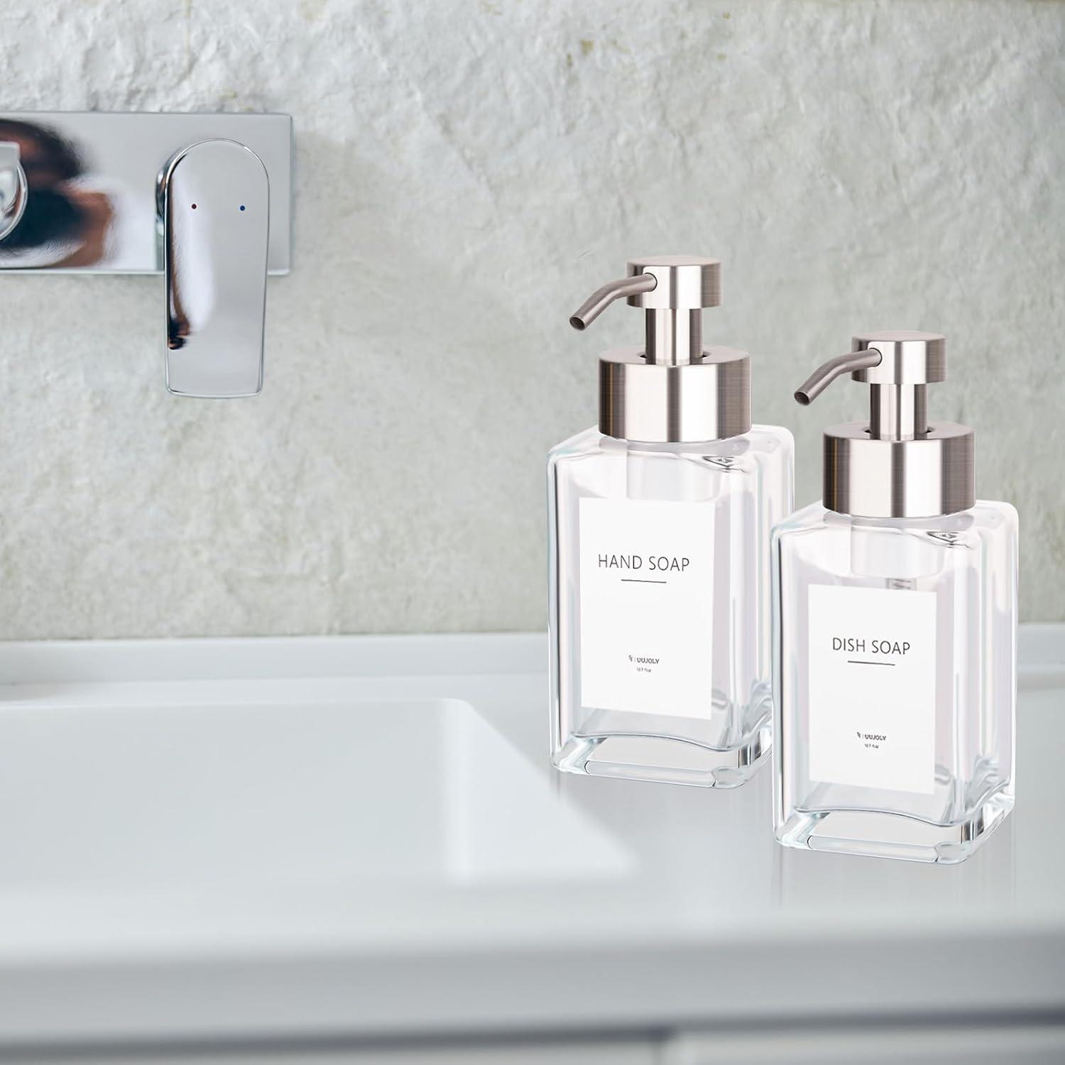 imageFoaming Soap Dispenser with Stainless Steel Pump 12oz Refillable Glass Liquid Dish Soap Bottles for Bathroom Kitchen Sink Home DecorAclear