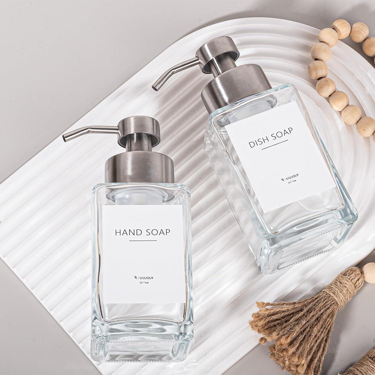 imageFoaming Soap Dispenser with Stainless Steel Pump 12oz Refillable Glass Liquid Dish Soap Bottles for Bathroom Kitchen Sink Home DecorAclear