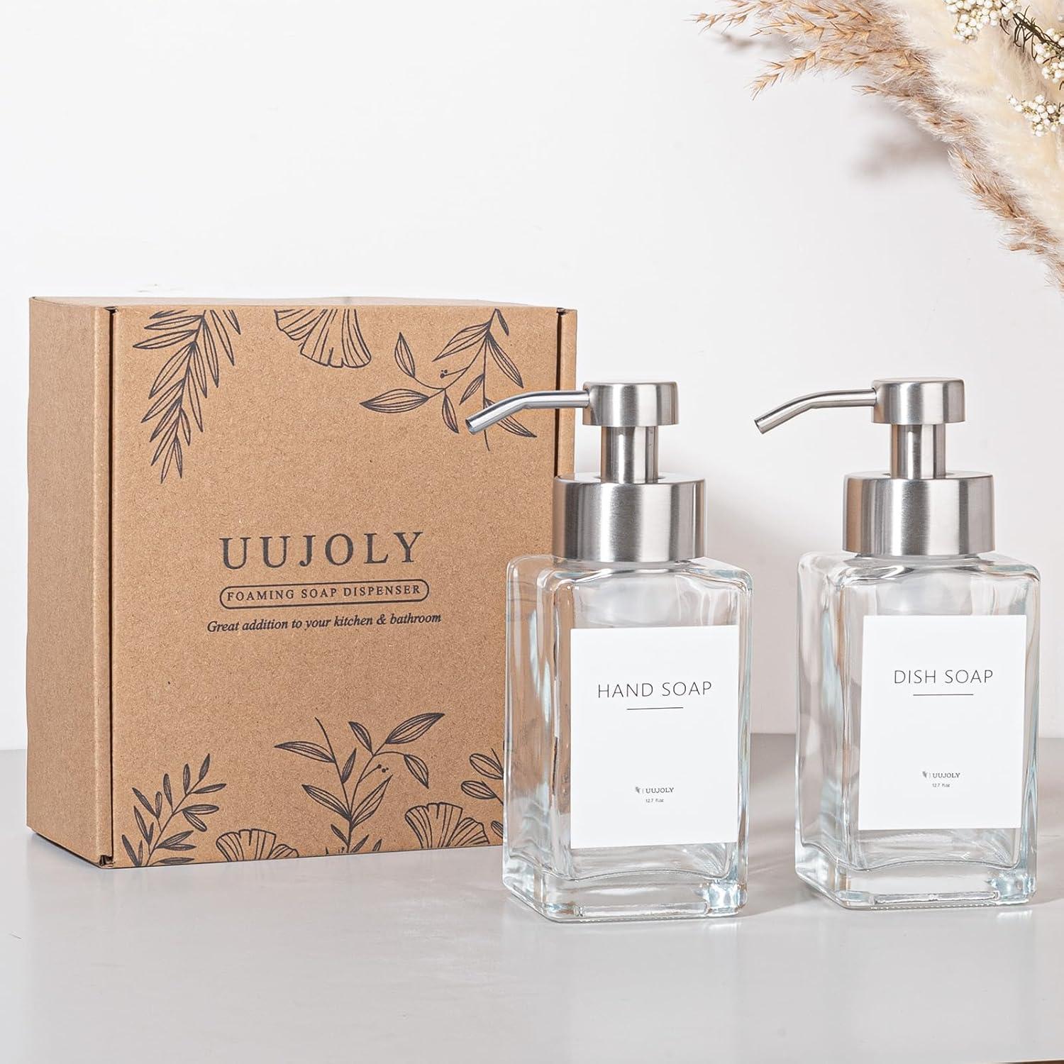 imageFoaming Soap Dispenser with Stainless Steel Pump 12oz Refillable Glass Liquid Dish Soap Bottles for Bathroom Kitchen Sink Home DecorAclear