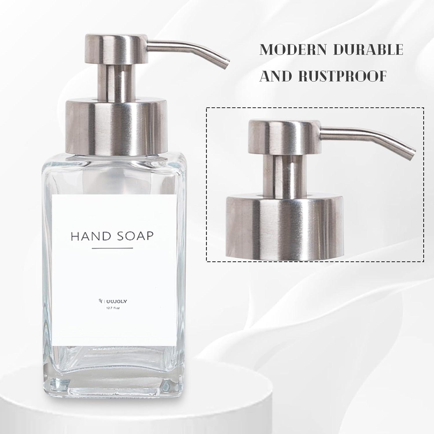 imageFoaming Soap Dispenser with Stainless Steel Pump 12oz Refillable Glass Liquid Dish Soap Bottles for Bathroom Kitchen Sink Home DecorAclear