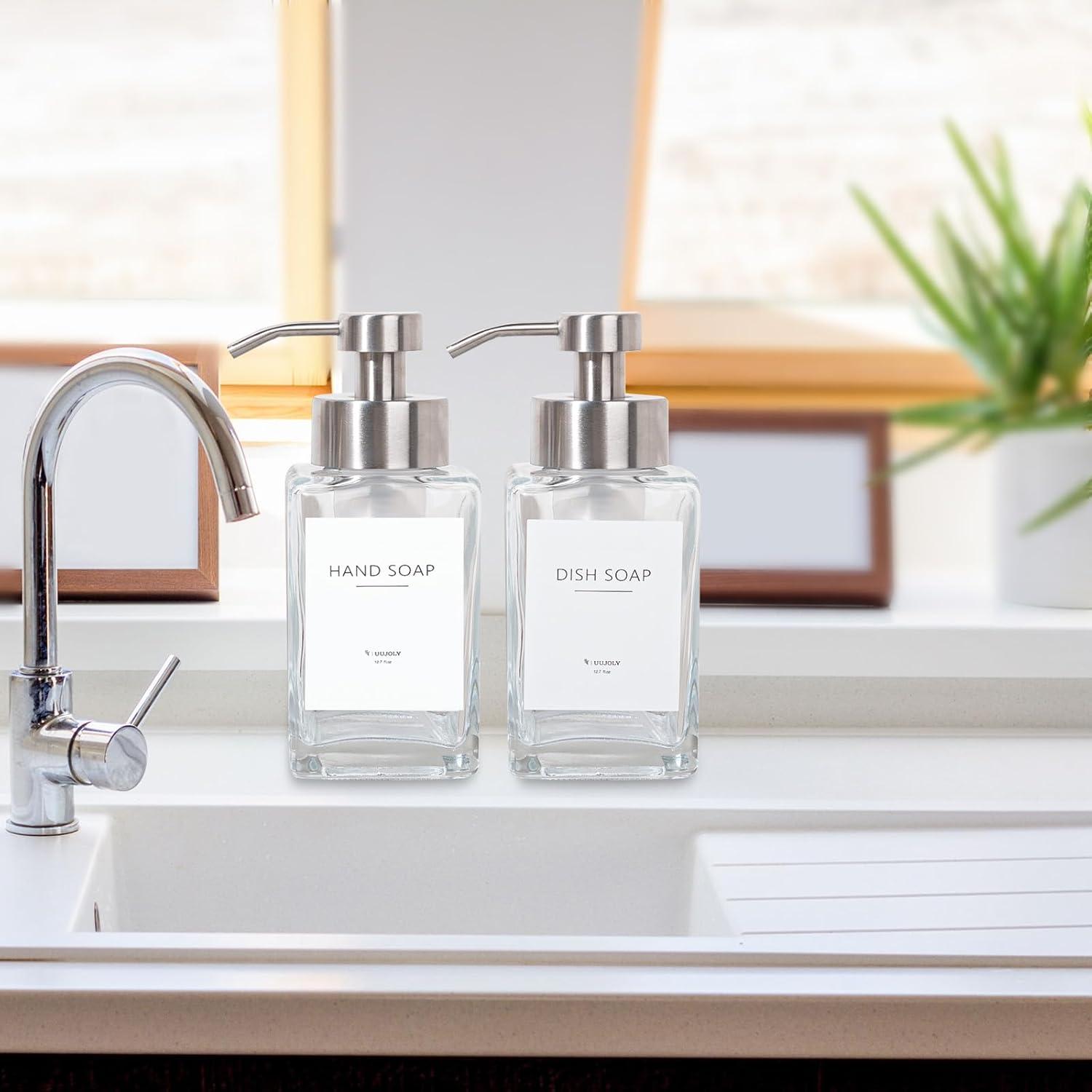 imageFoaming Soap Dispenser with Stainless Steel Pump 12oz Refillable Glass Liquid Dish Soap Bottles for Bathroom Kitchen Sink Home DecorAclear