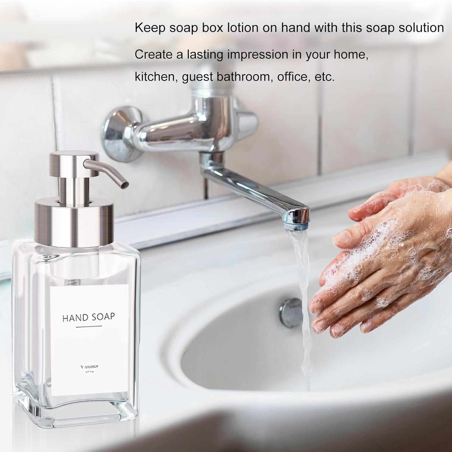 imageFoaming Soap Dispenser with Stainless Steel Pump 12oz Refillable Glass Liquid Dish Soap Bottles for Bathroom Kitchen Sink Home DecorAclear