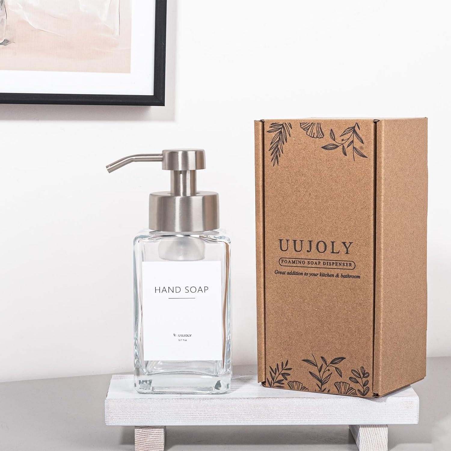 imageFoaming Soap Dispenser with Stainless Steel Pump 12oz Refillable Glass Liquid Dish Soap Bottles for Bathroom Kitchen Sink Home DecorAclear