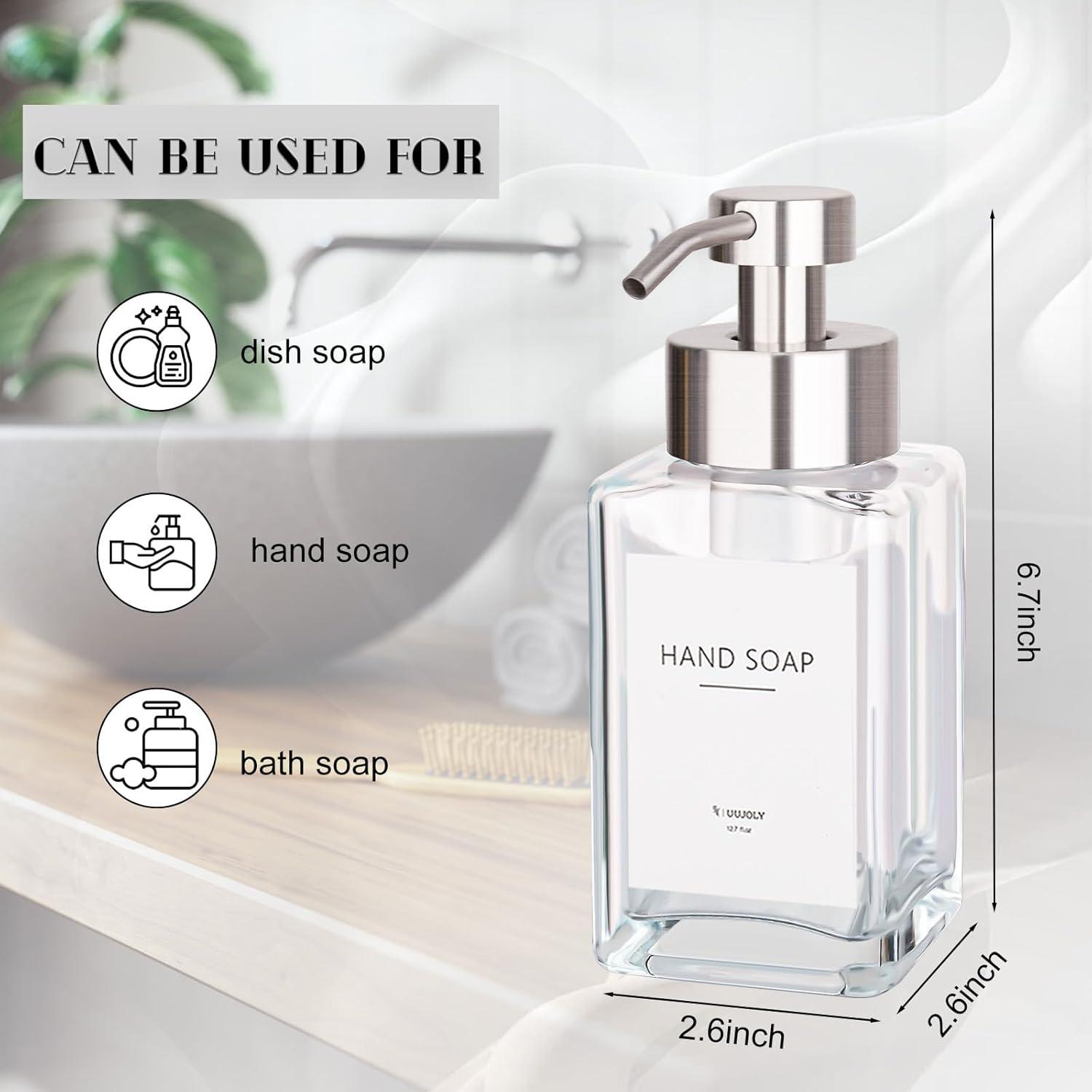imageFoaming Soap Dispenser with Stainless Steel Pump 12oz Refillable Glass Liquid Dish Soap Bottles for Bathroom Kitchen Sink Home DecorAclear