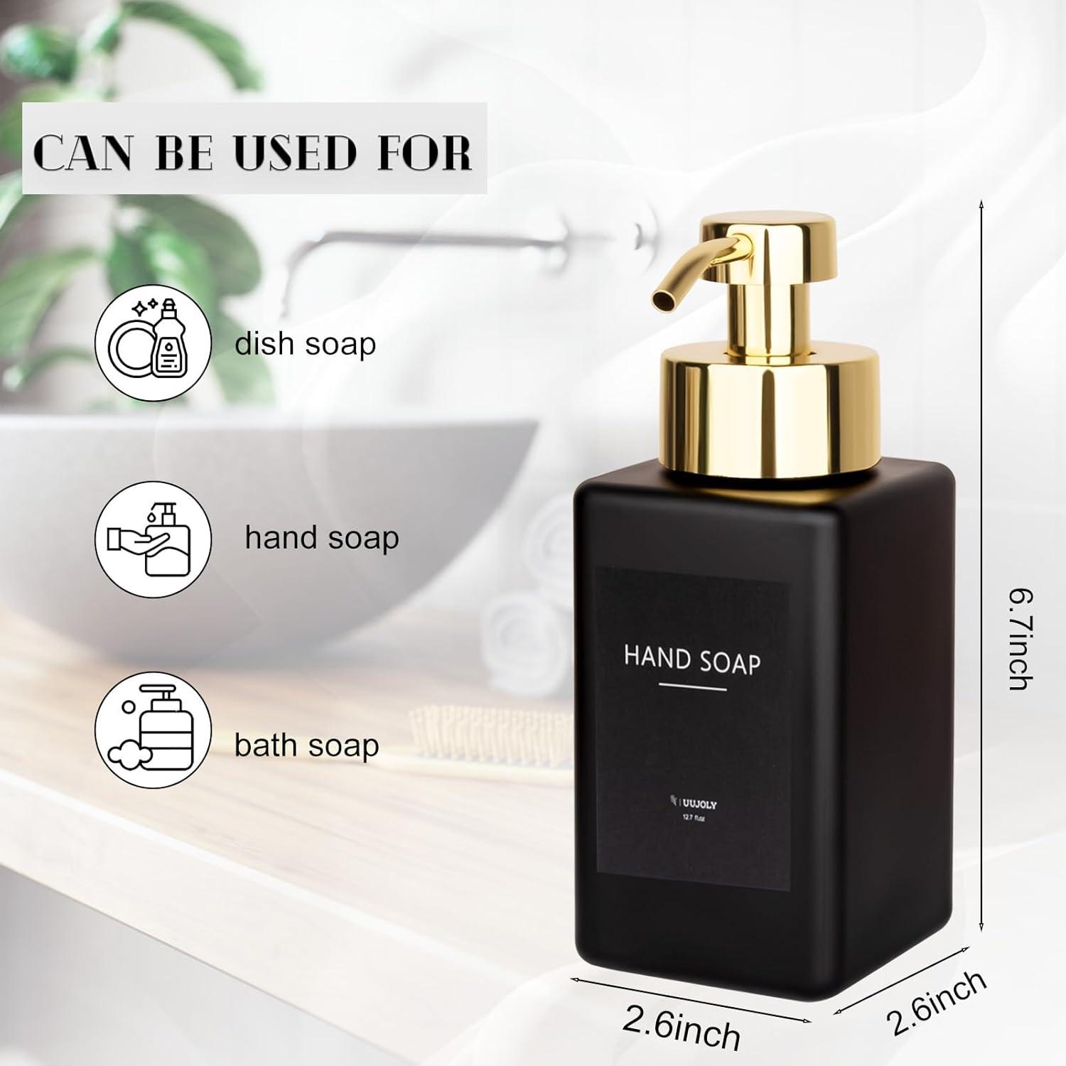 imageFoaming Soap Dispenser with Stainless Steel Pump 12oz Refillable Glass Liquid Dish Soap Bottles for Bathroom Kitchen Sink Home DecorBblack