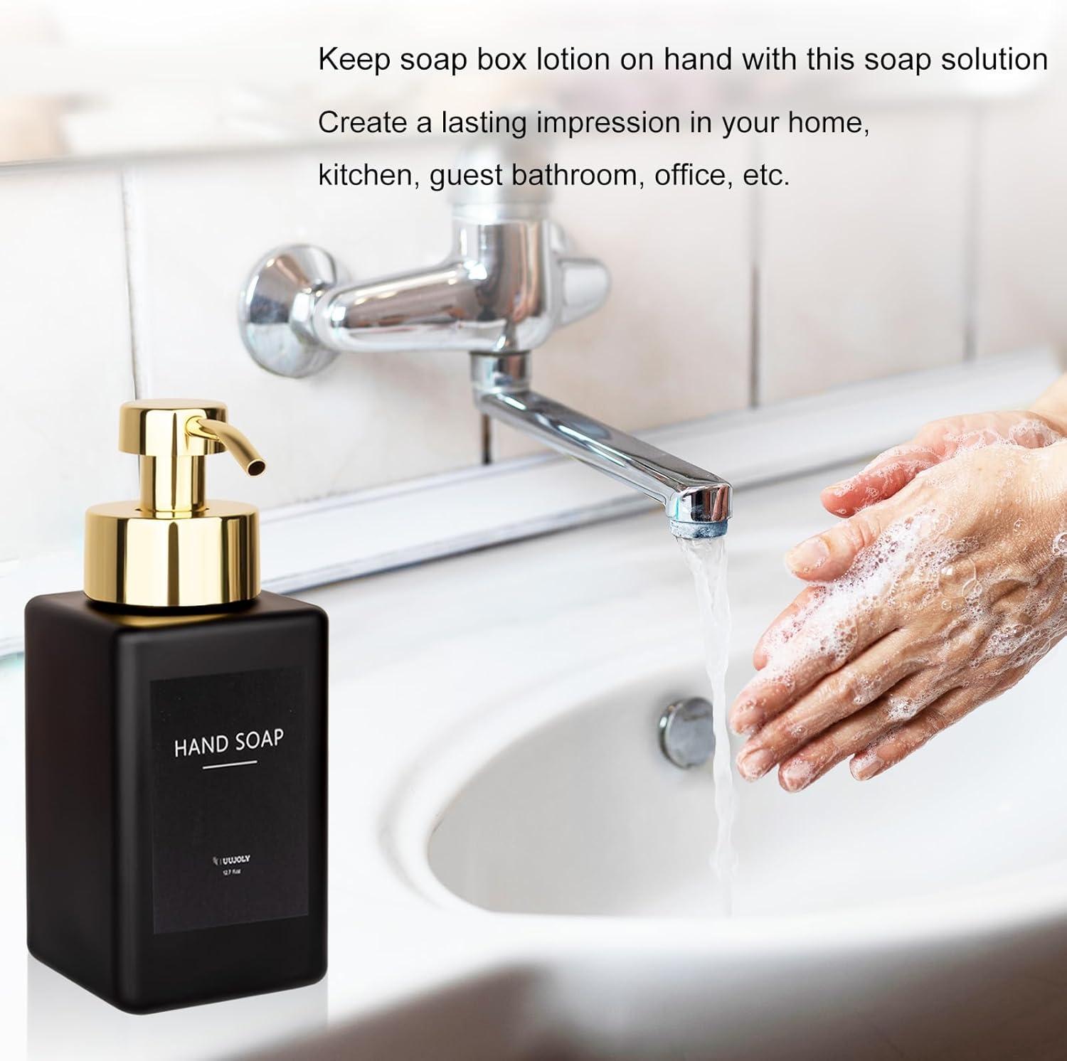 imageFoaming Soap Dispenser with Stainless Steel Pump 12oz Refillable Glass Liquid Dish Soap Bottles for Bathroom Kitchen Sink Home DecorBblack