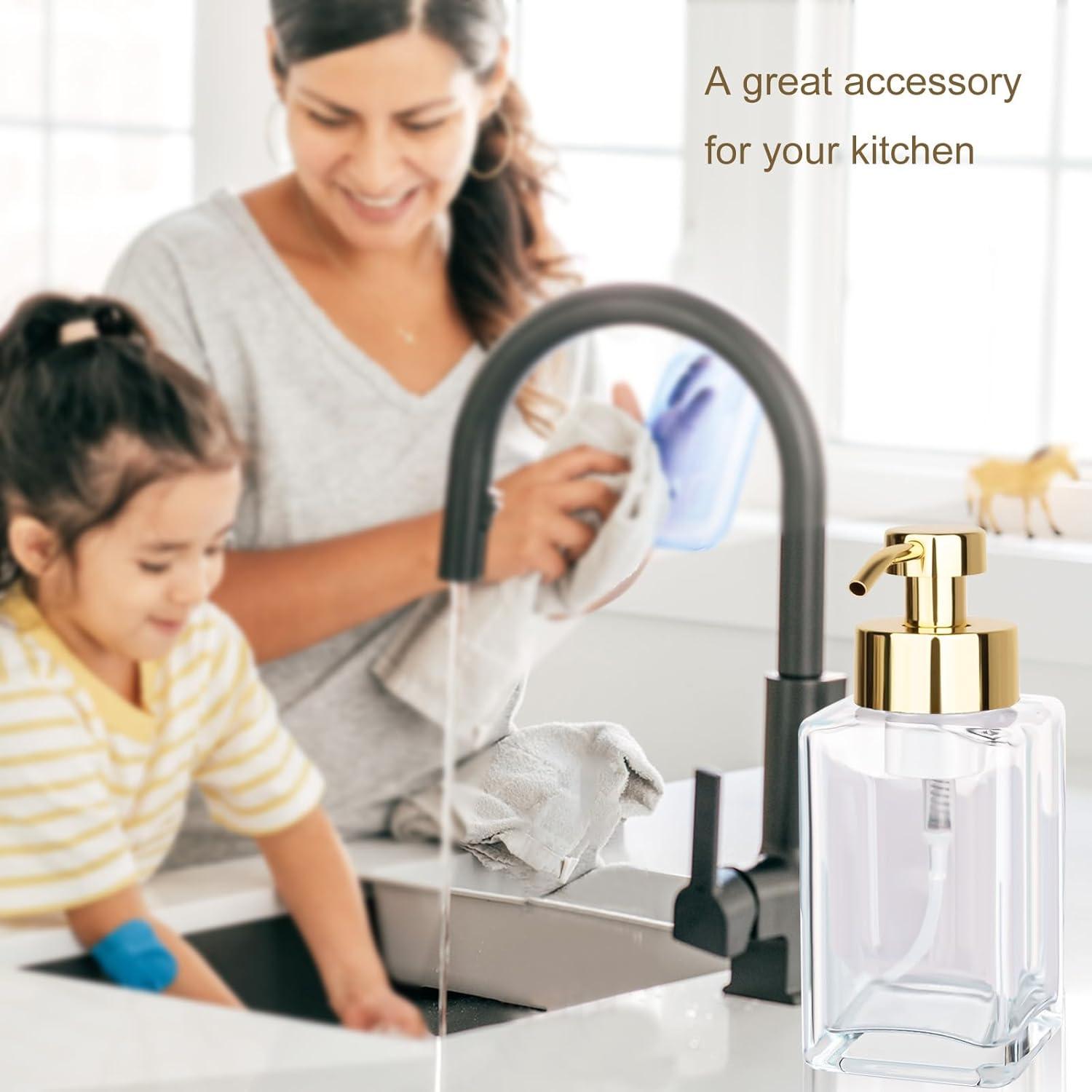 imageFoaming Soap Dispenser with Stainless Steel Pump 12oz Refillable Glass Liquid Dish Soap Bottles for Bathroom Kitchen Sink Home DecorBclear