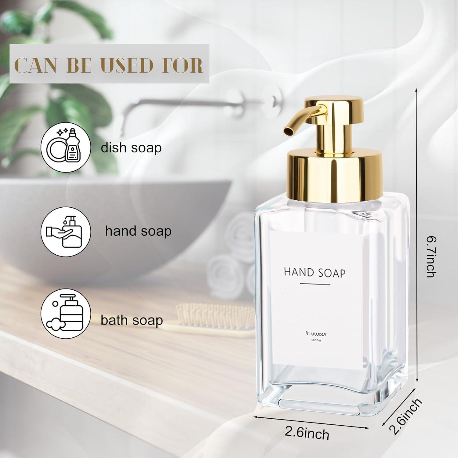 imageFoaming Soap Dispenser with Stainless Steel Pump 12oz Refillable Glass Liquid Dish Soap Bottles for Bathroom Kitchen Sink Home DecorBclear