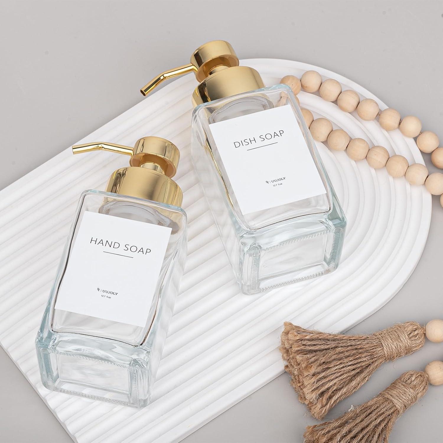 imageFoaming Soap Dispenser with Stainless Steel Pump 12oz Refillable Glass Liquid Dish Soap Bottles for Bathroom Kitchen Sink Home DecorBclear