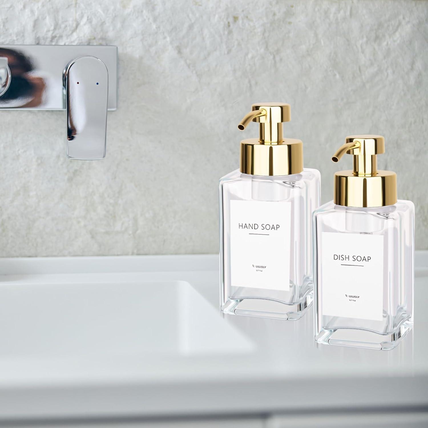 imageFoaming Soap Dispenser with Stainless Steel Pump 12oz Refillable Glass Liquid Dish Soap Bottles for Bathroom Kitchen Sink Home DecorBclear