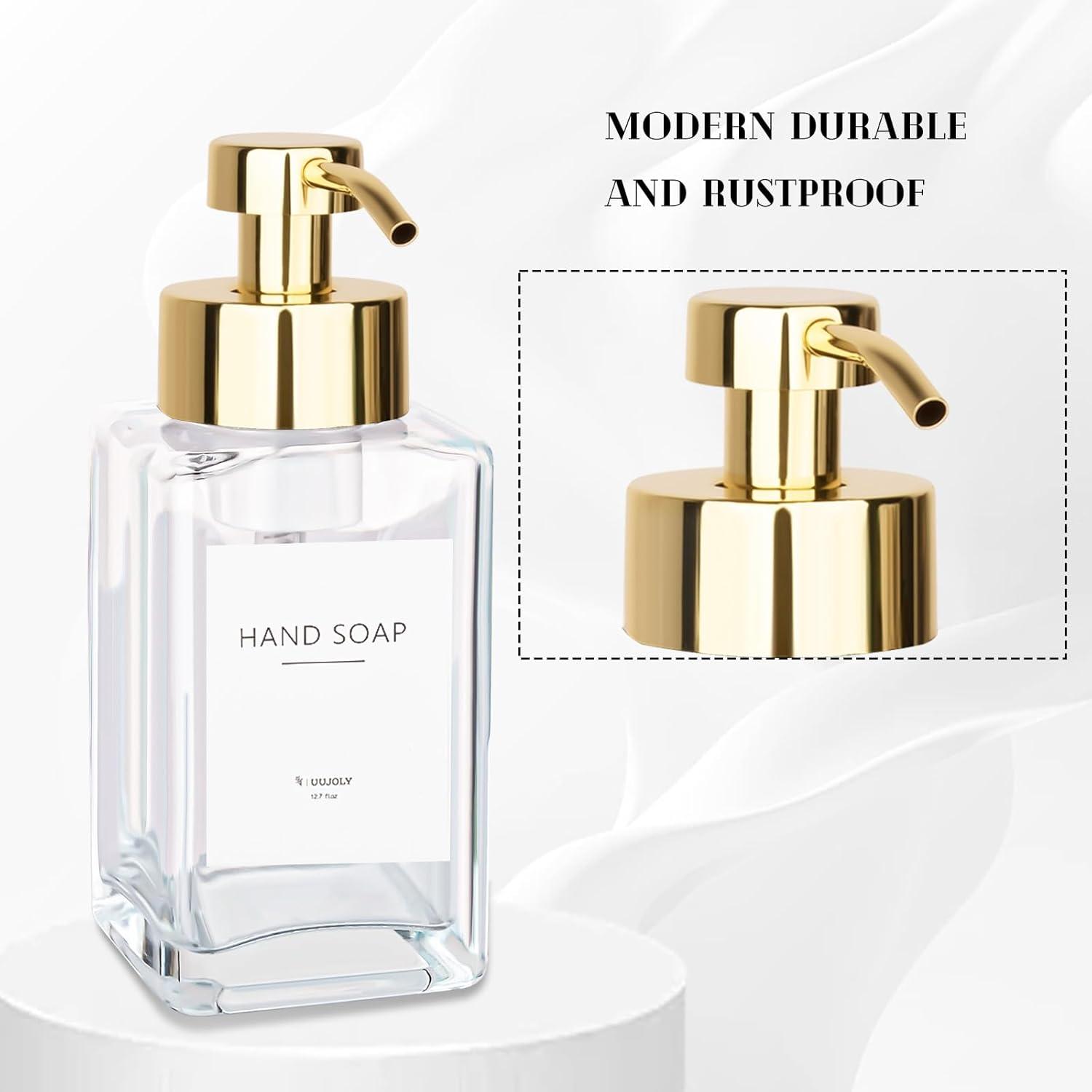 imageFoaming Soap Dispenser with Stainless Steel Pump 12oz Refillable Glass Liquid Dish Soap Bottles for Bathroom Kitchen Sink Home DecorBclear