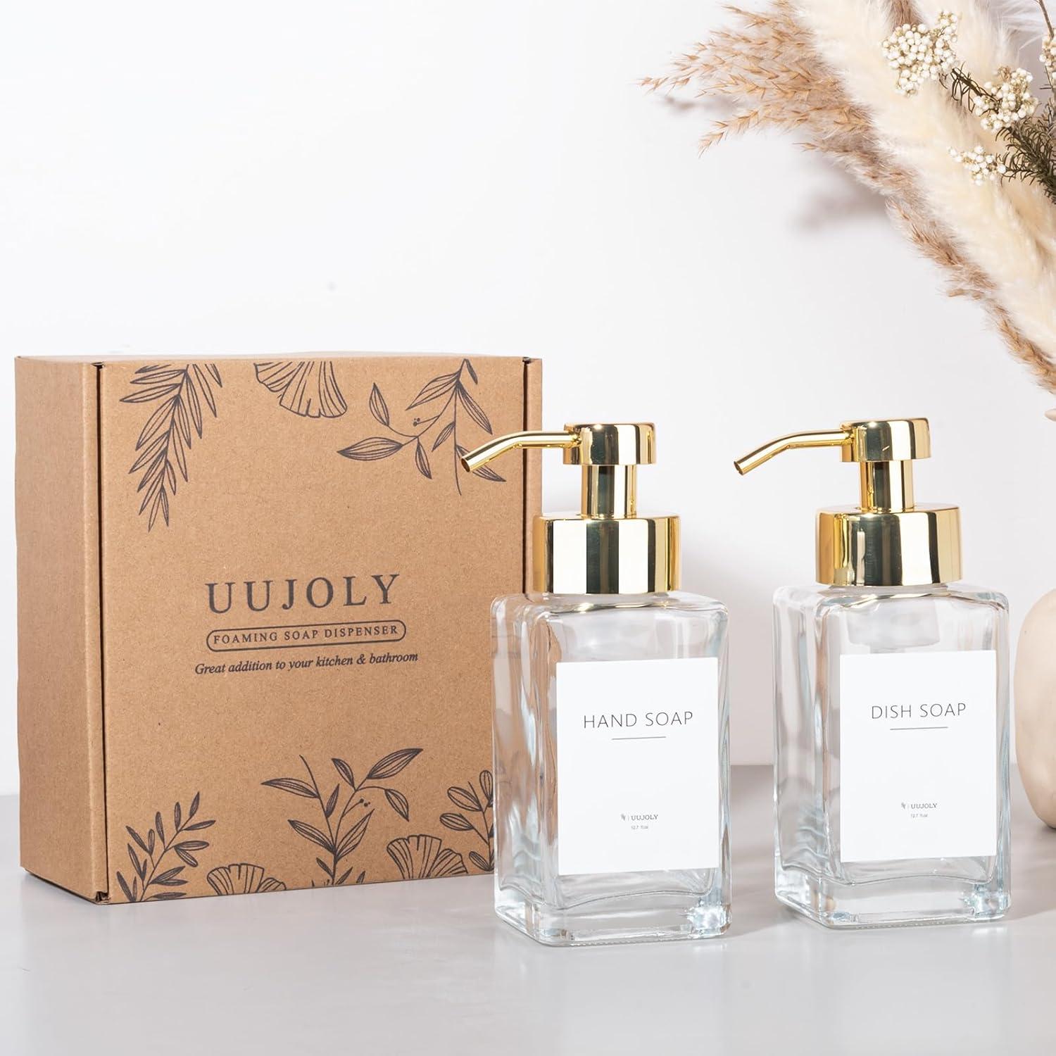 imageFoaming Soap Dispenser with Stainless Steel Pump 12oz Refillable Glass Liquid Dish Soap Bottles for Bathroom Kitchen Sink Home DecorBclear