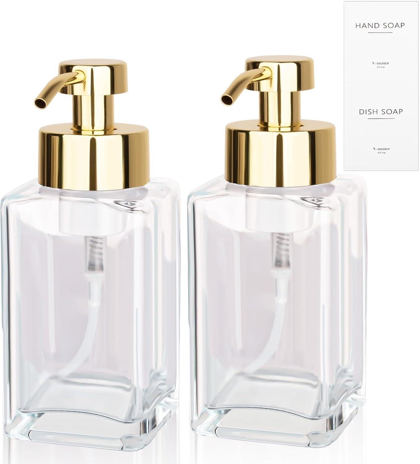 imageFoaming Soap Dispenser with Stainless Steel Pump 12oz Refillable Glass Liquid Dish Soap Bottles for Bathroom Kitchen Sink Home DecorBclear