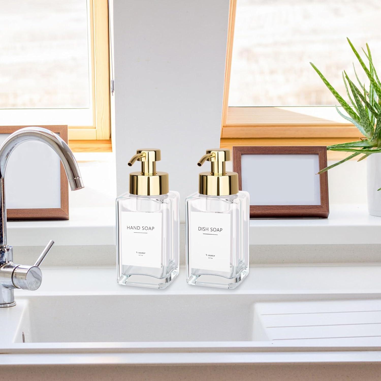 imageFoaming Soap Dispenser with Stainless Steel Pump 12oz Refillable Glass Liquid Dish Soap Bottles for Bathroom Kitchen Sink Home DecorBclear