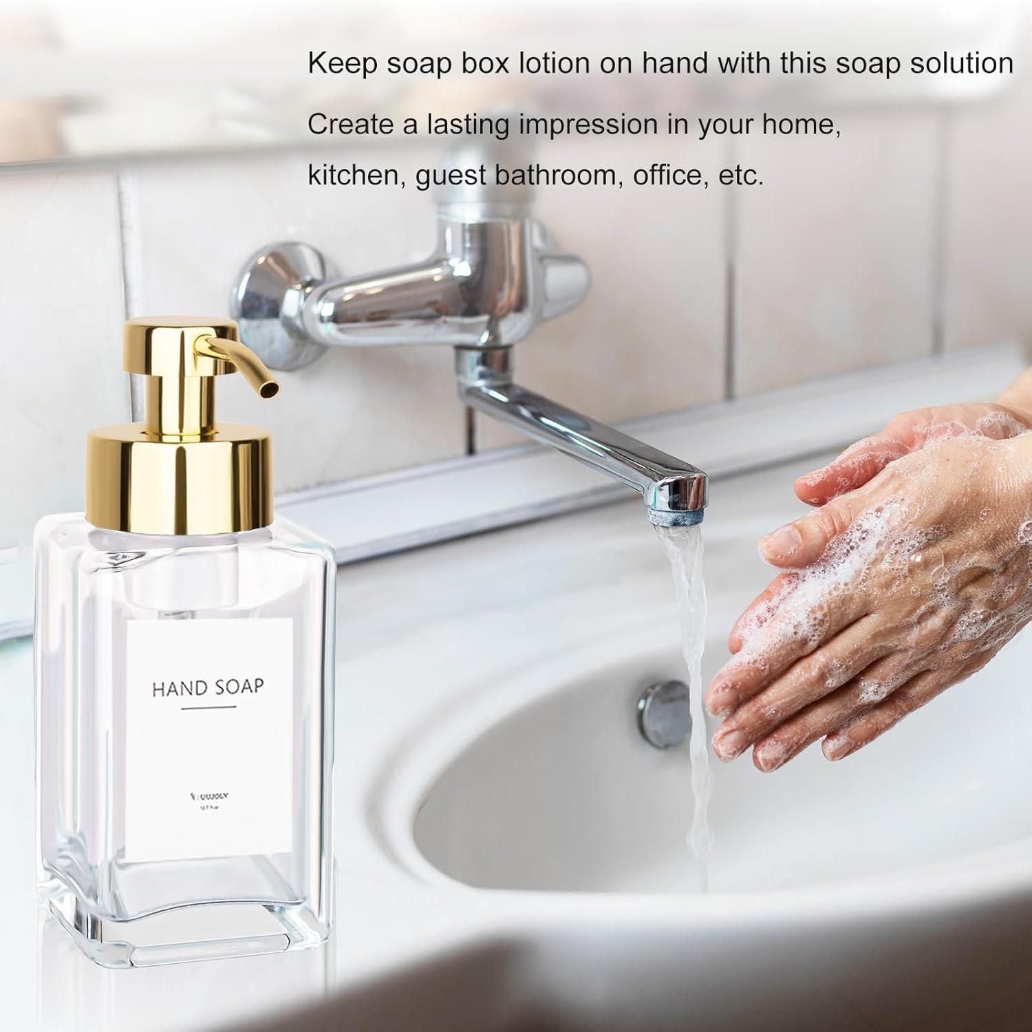 imageFoaming Soap Dispenser with Stainless Steel Pump 12oz Refillable Glass Liquid Dish Soap Bottles for Bathroom Kitchen Sink Home DecorBclear