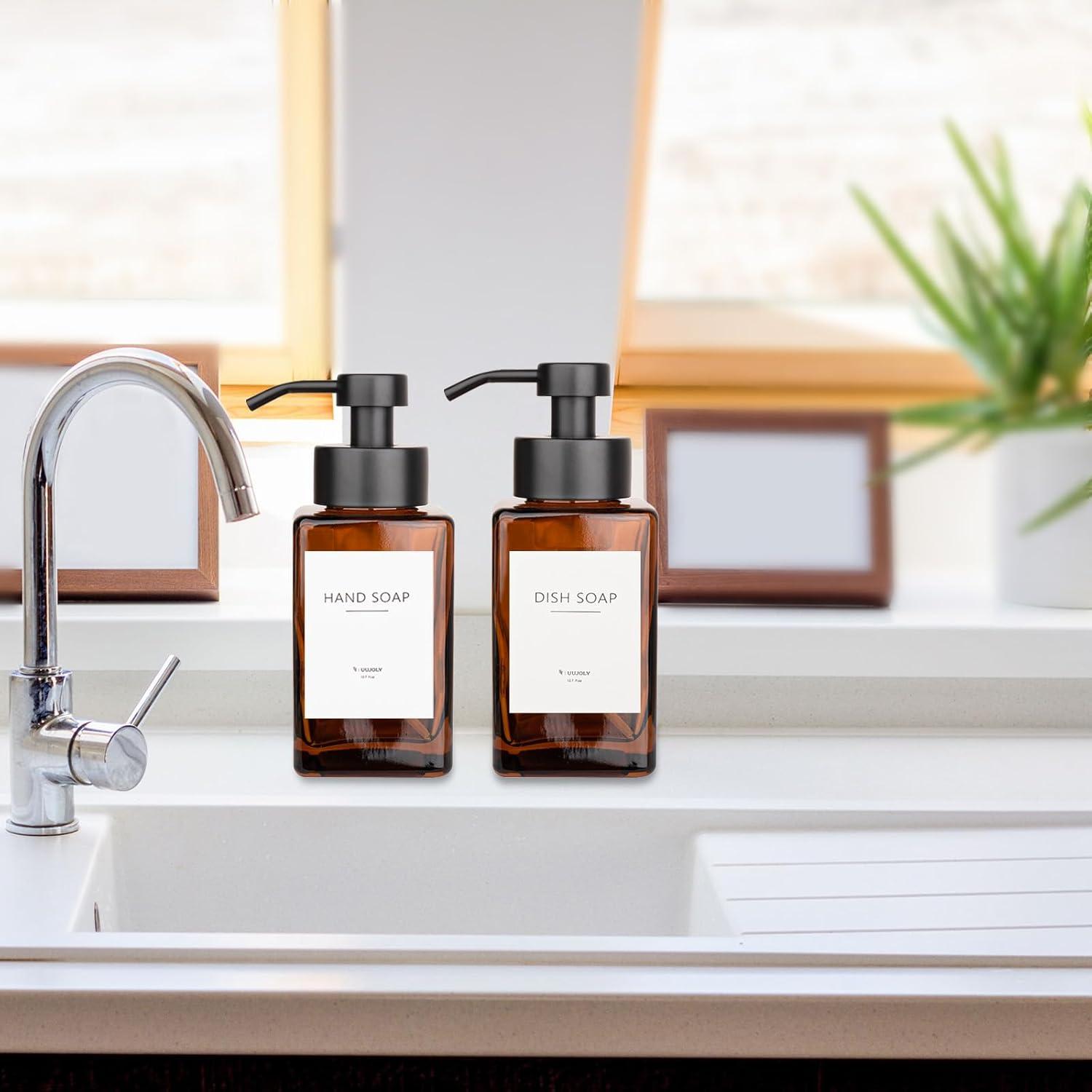 imageFoaming Soap Dispenser with Stainless Steel Pump 12oz Refillable Glass Liquid Dish Soap Bottles for Bathroom Kitchen Sink Home DecorCamber