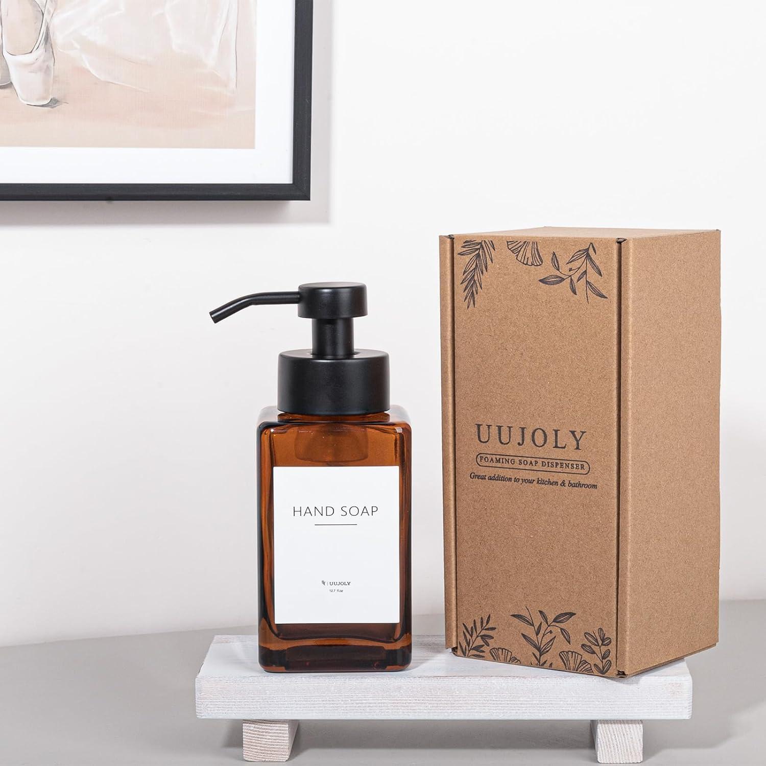 imageFoaming Soap Dispenser with Stainless Steel Pump 12oz Refillable Glass Liquid Dish Soap Bottles for Bathroom Kitchen Sink Home DecorCamber