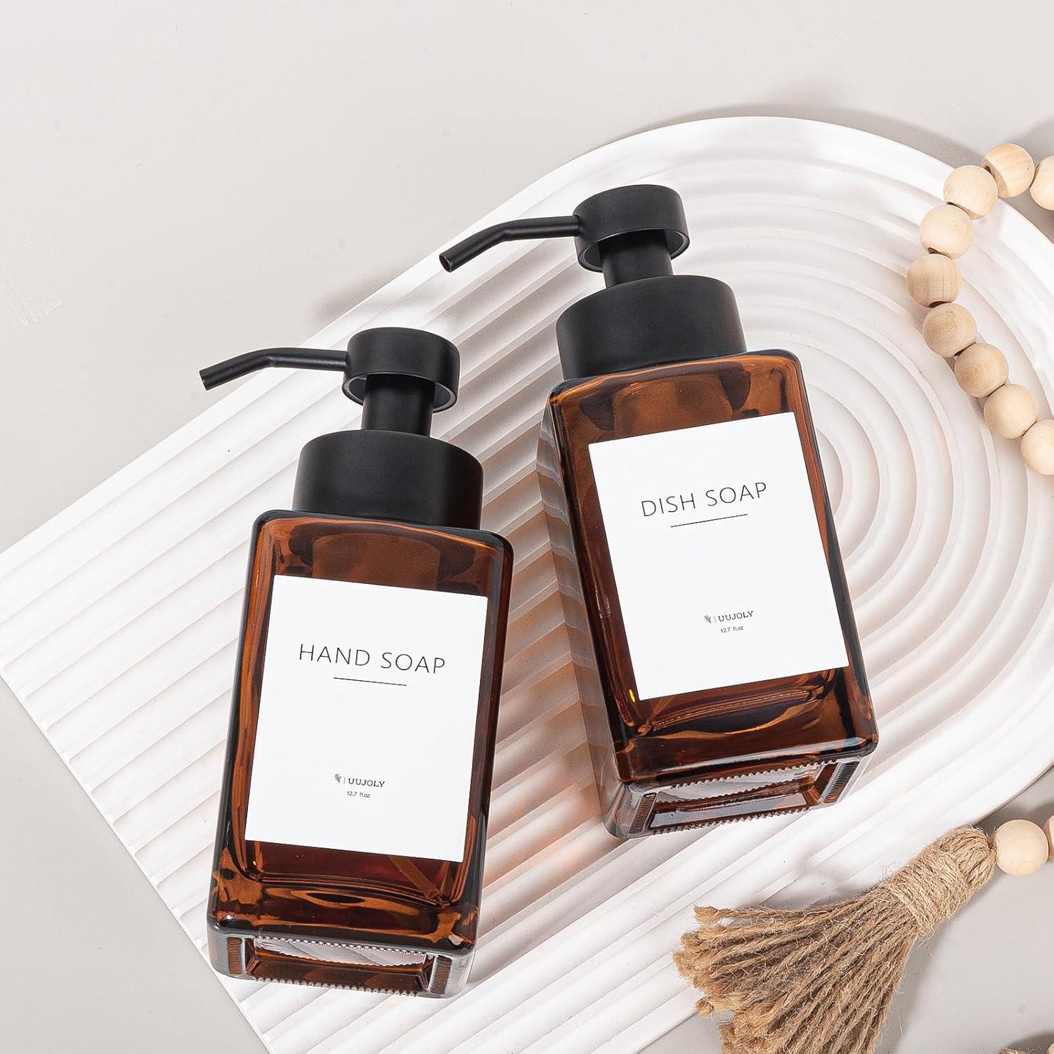 imageFoaming Soap Dispenser with Stainless Steel Pump 12oz Refillable Glass Liquid Dish Soap Bottles for Bathroom Kitchen Sink Home DecorCamber